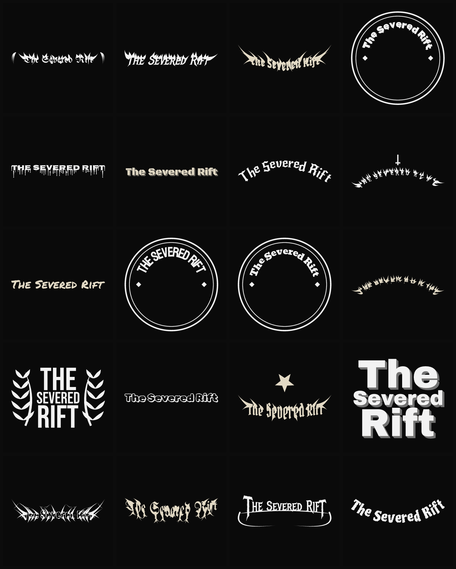 Twenty The Severed Rift band logo ideas — different faces, treatments and spike settings