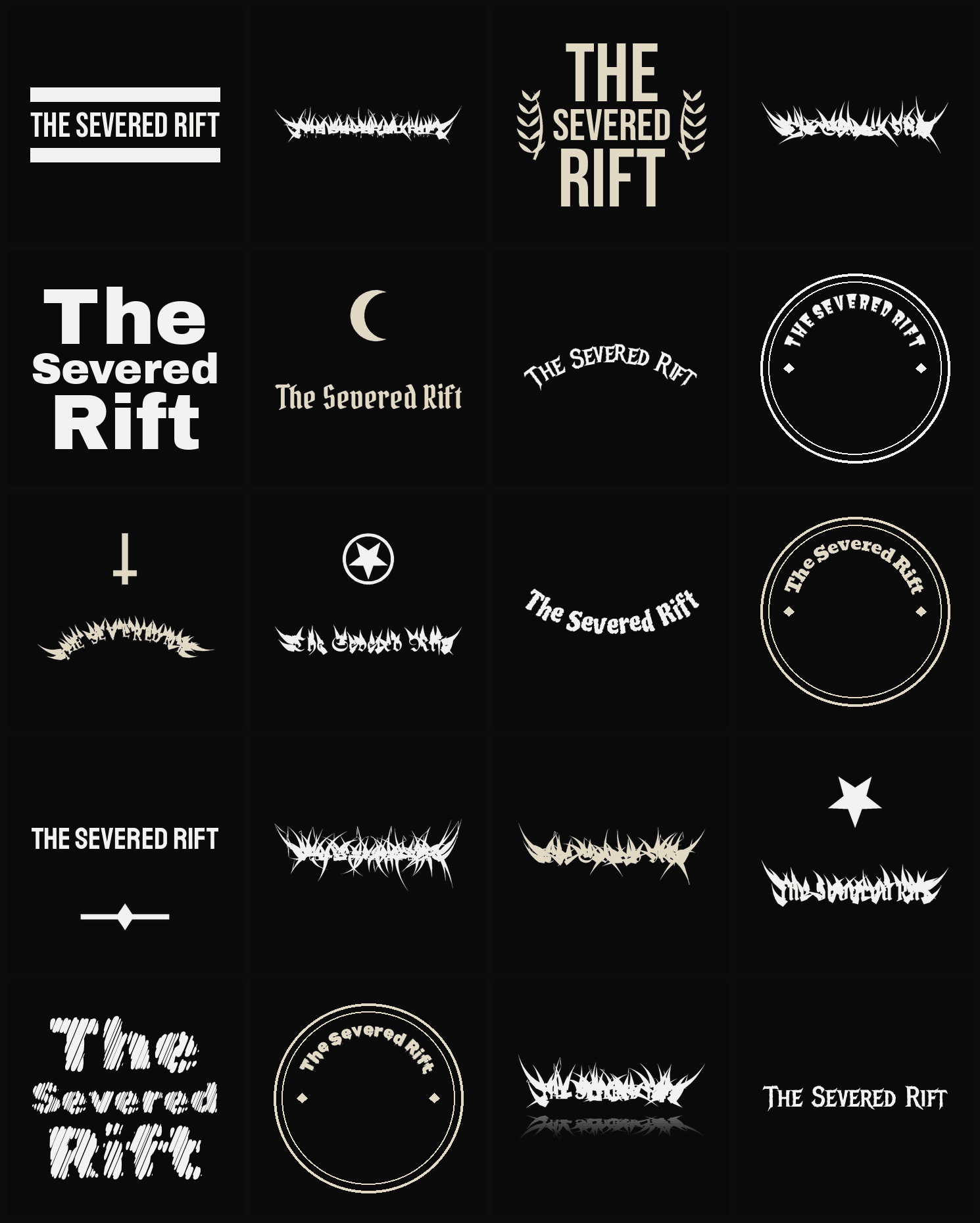 Twenty The Severed Rift band logo ideas — different faces, treatments and spike settings