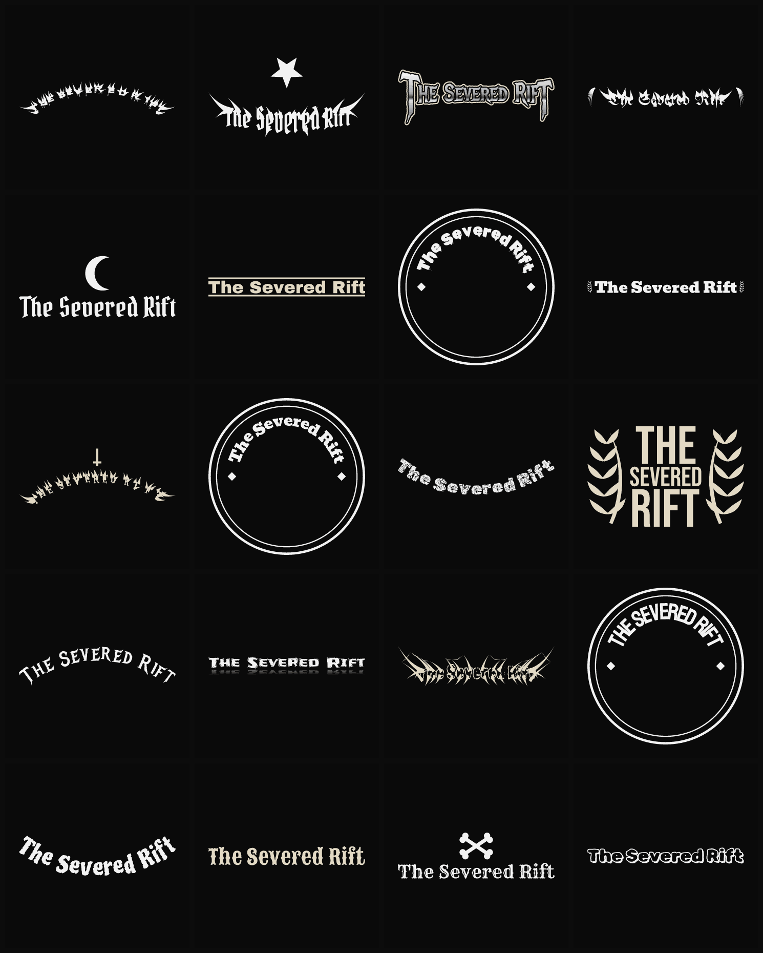 Twenty The Severed Rift band logo ideas — different faces, treatments and spike settings