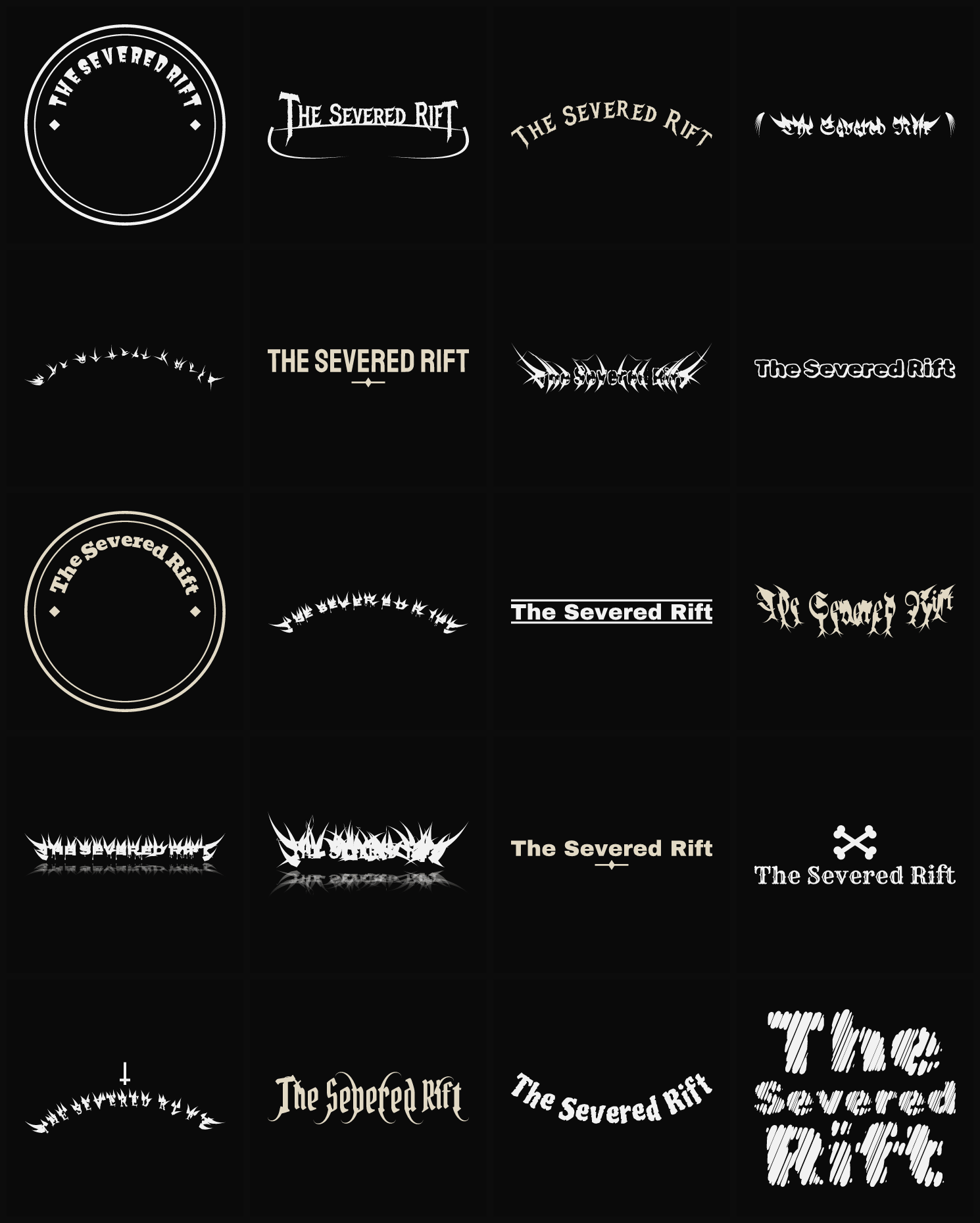 Twenty The Severed Rift band logo ideas — different faces, treatments and spike settings