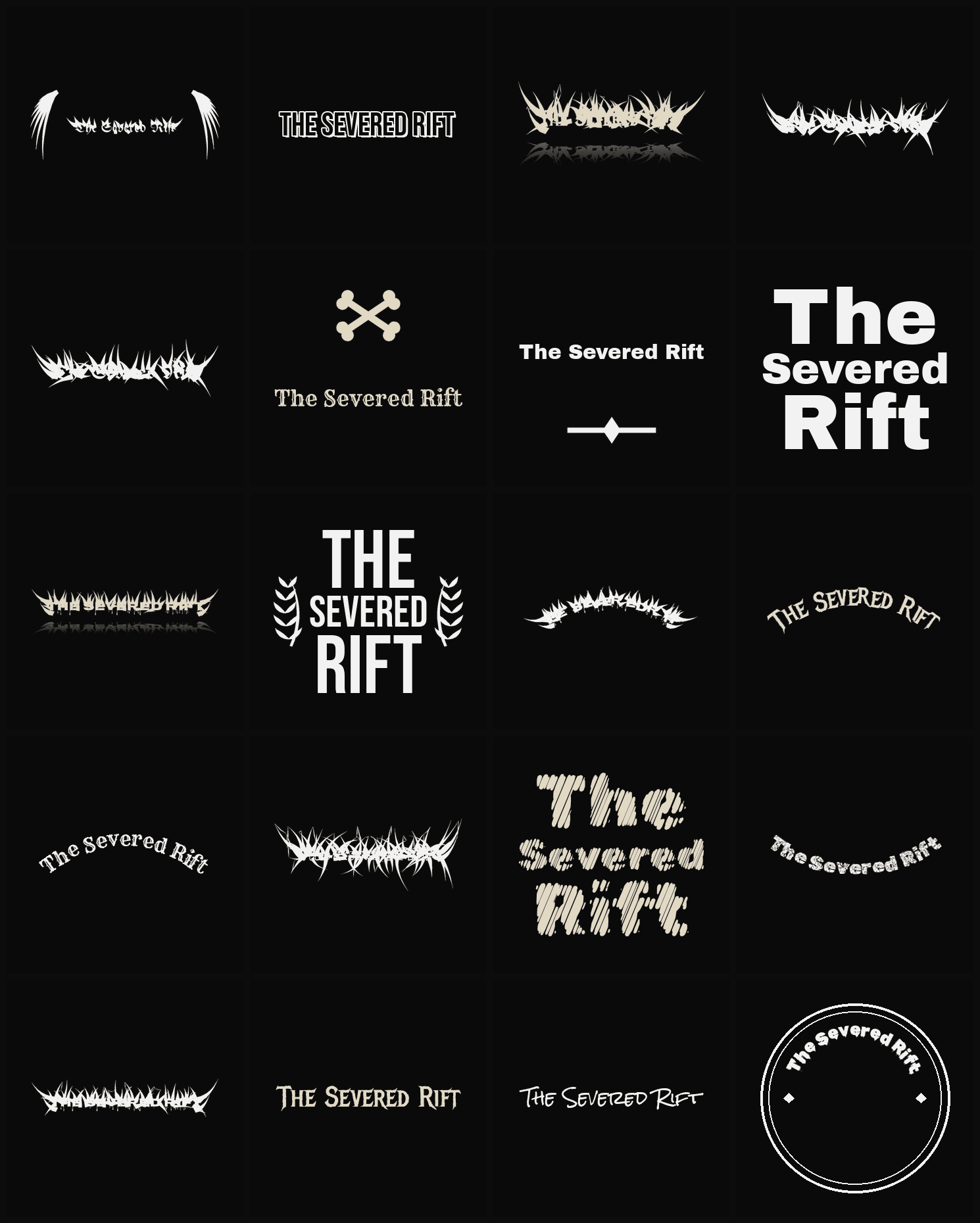 Twenty The Severed Rift band logo ideas — different faces, treatments and spike settings