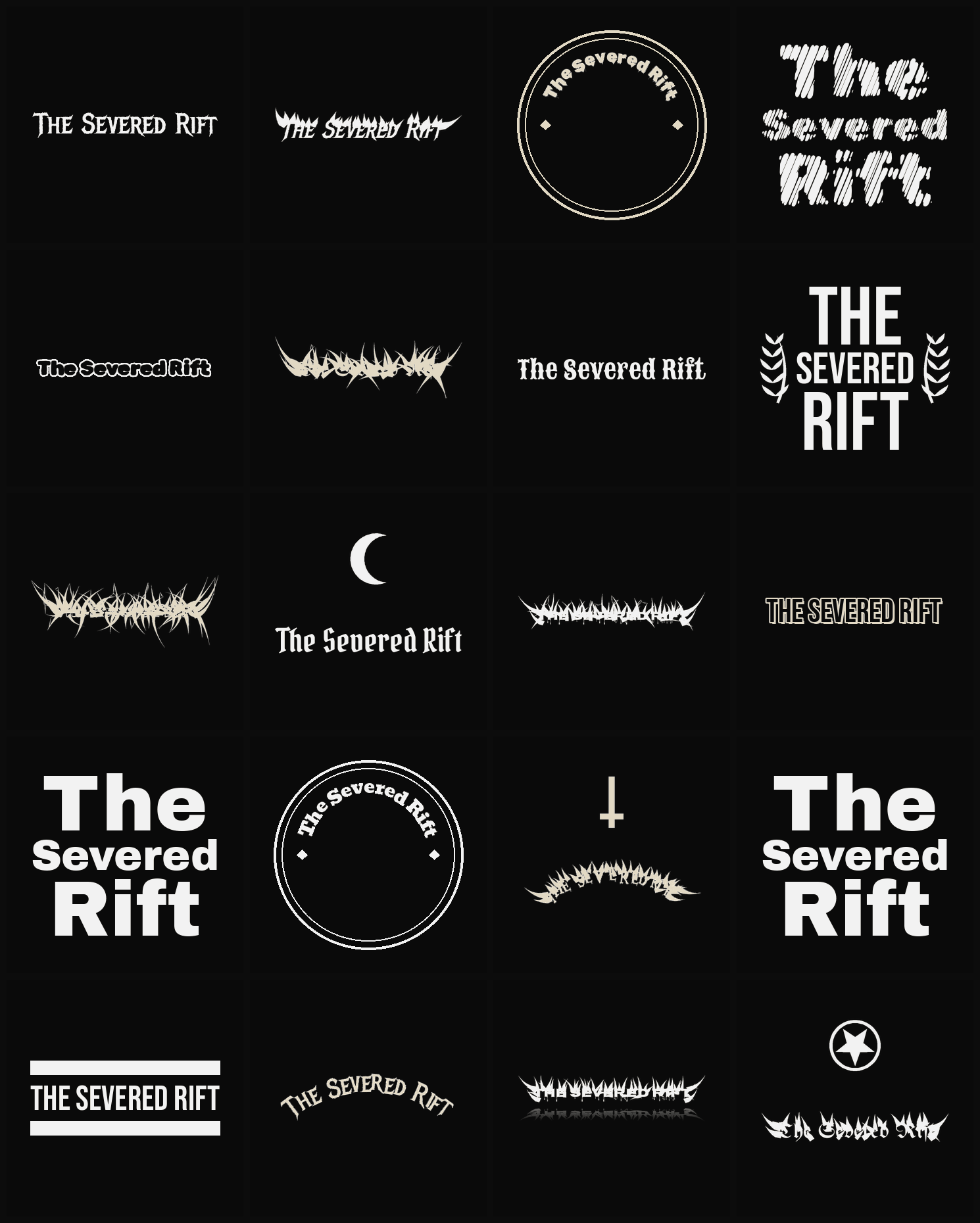 Twenty The Severed Rift band logo ideas — different faces, treatments and spike settings