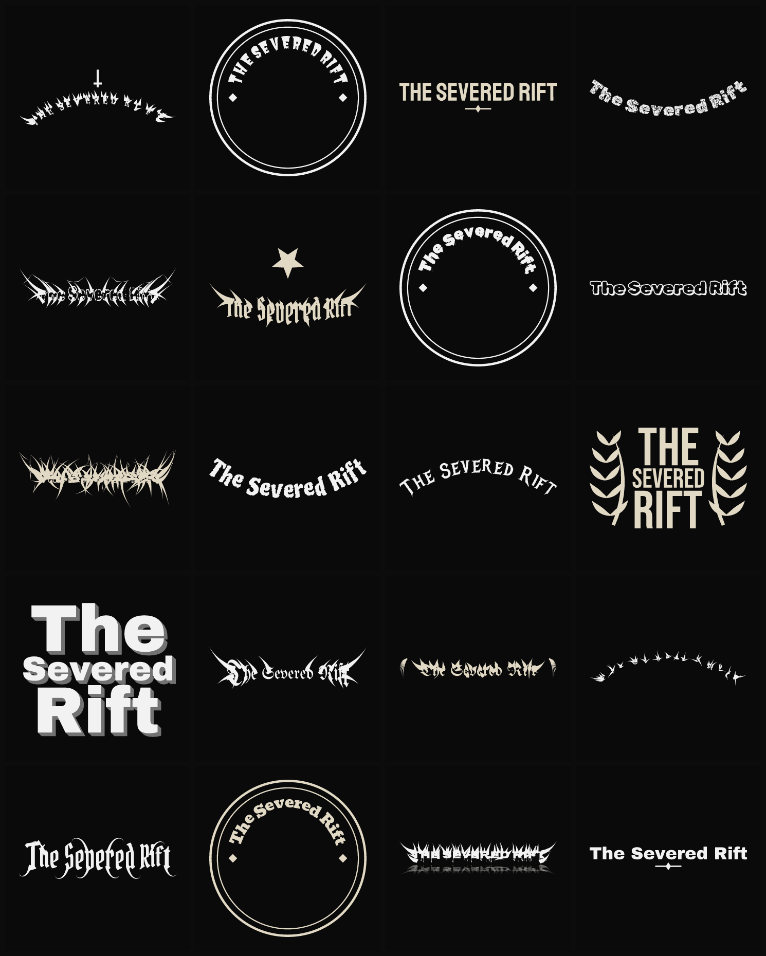 Twenty The Severed Rift band logo ideas — different faces, treatments and spike settings