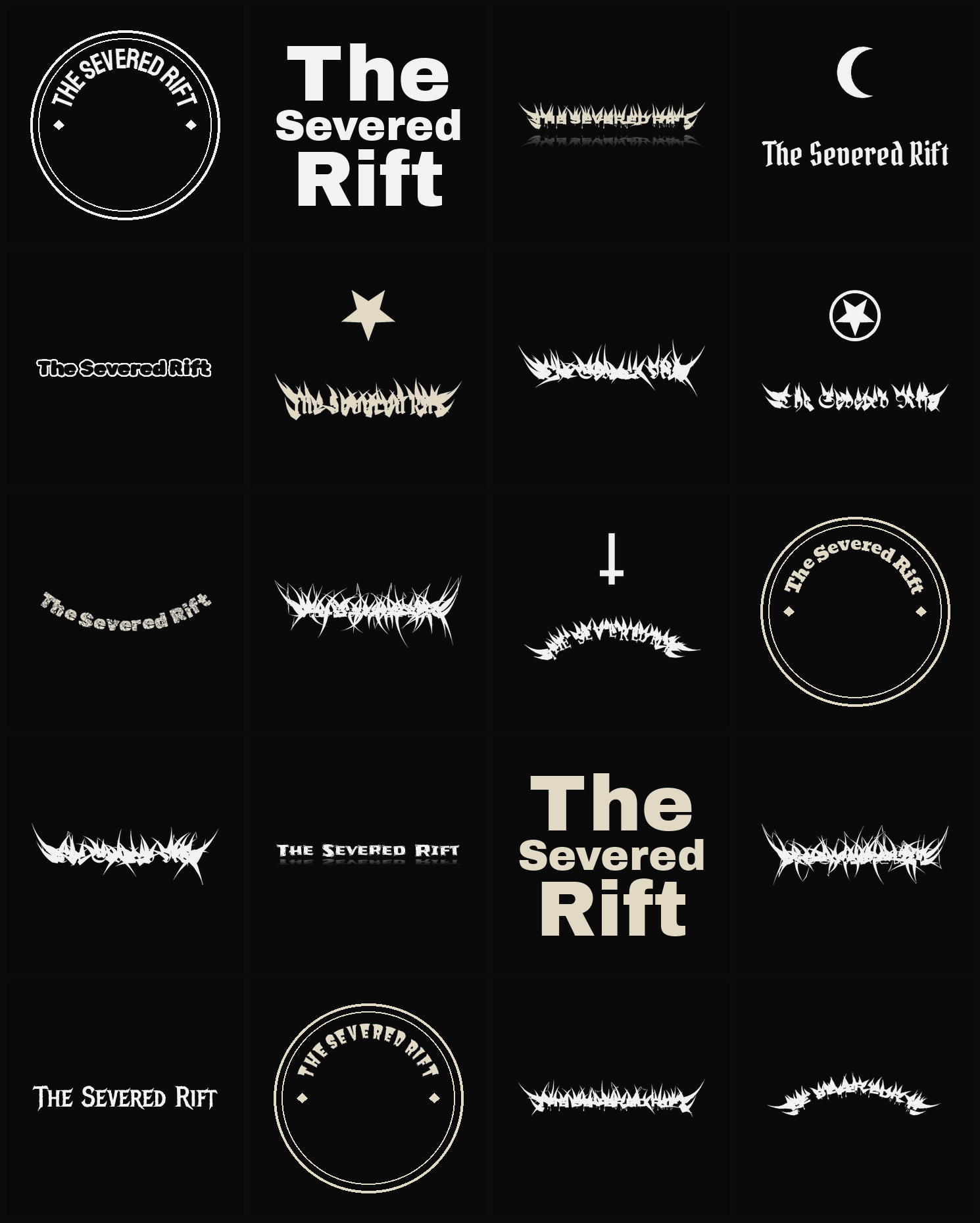Twenty The Severed Rift band logo ideas — different faces, treatments and spike settings