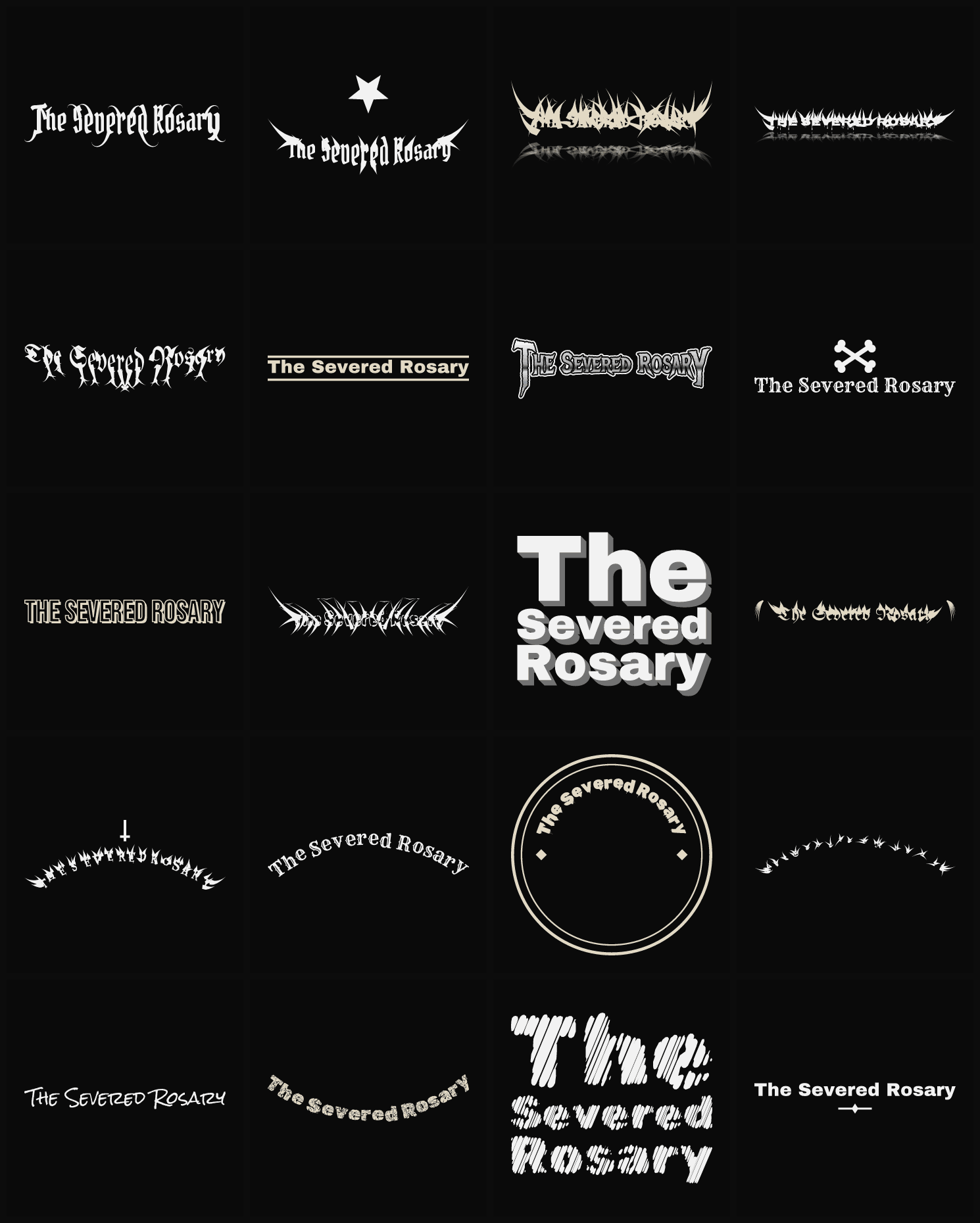Twenty The Severed Rosary band logo ideas — different faces, treatments and spike settings