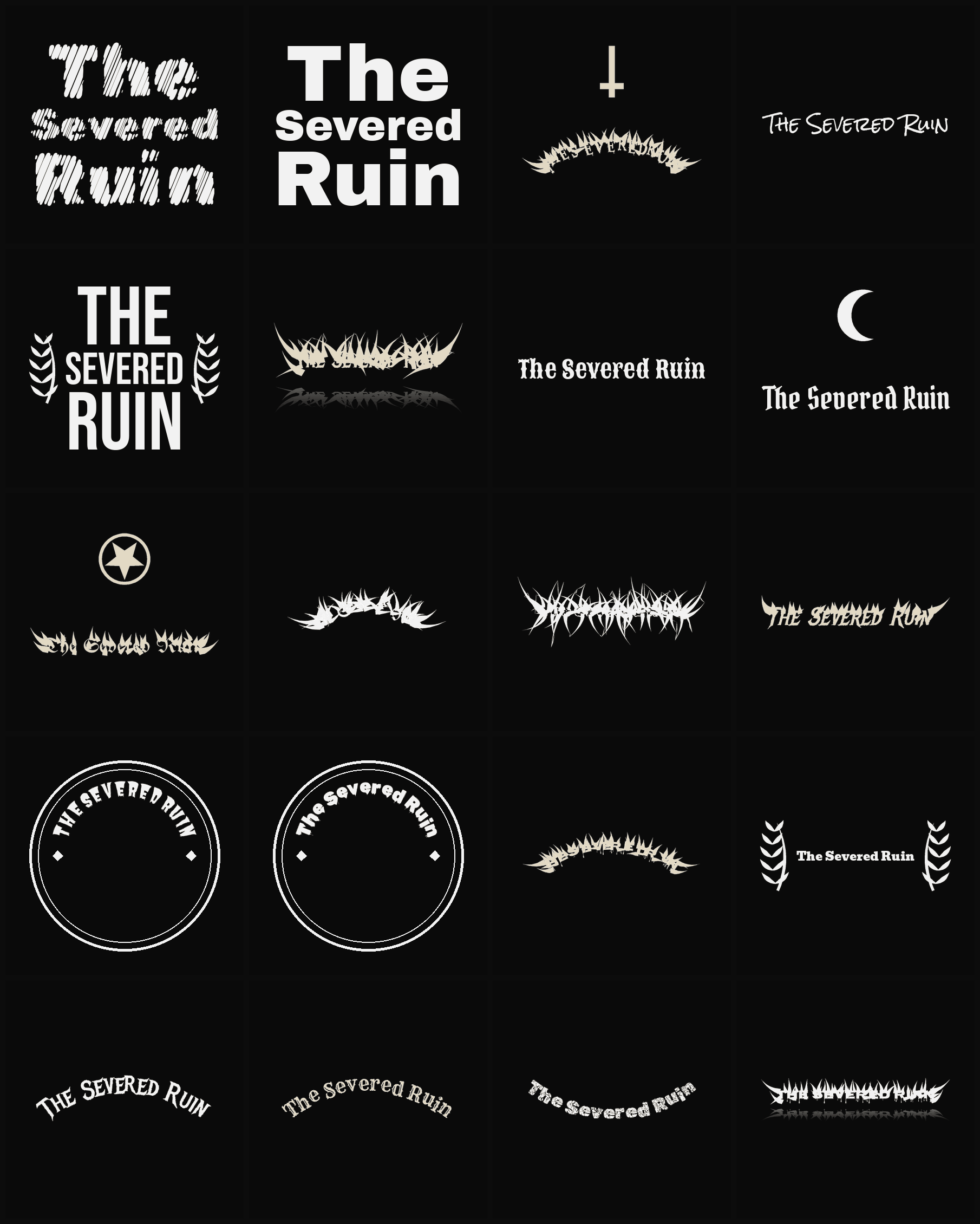 Twenty The Severed Ruin band logo ideas — different faces, treatments and spike settings