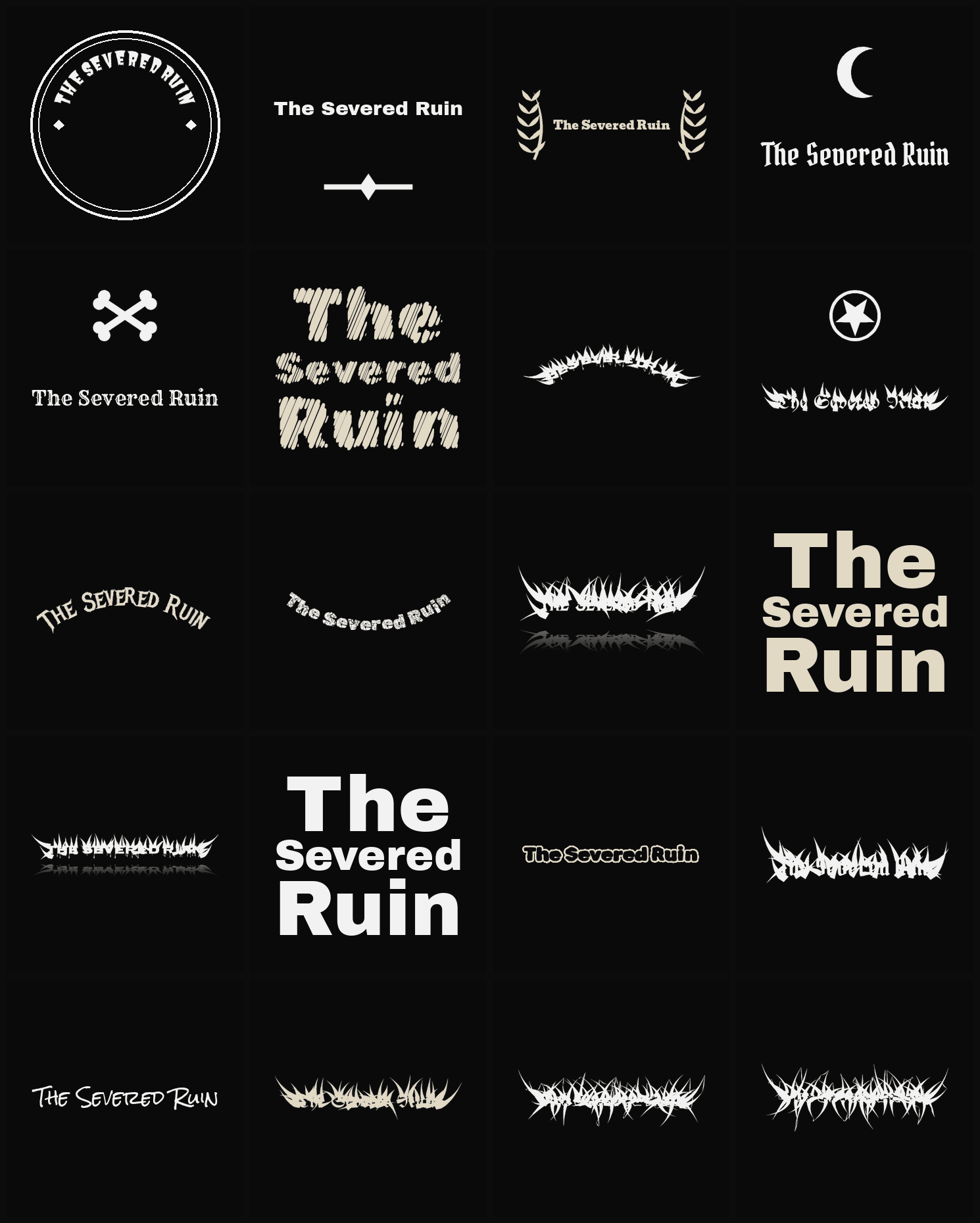 Twenty The Severed Ruin band logo ideas — different faces, treatments and spike settings