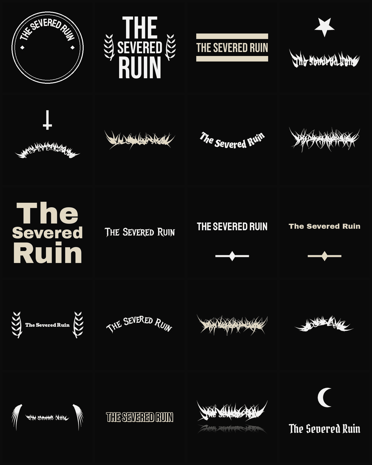 Twenty The Severed Ruin band logo ideas — different faces, treatments and spike settings