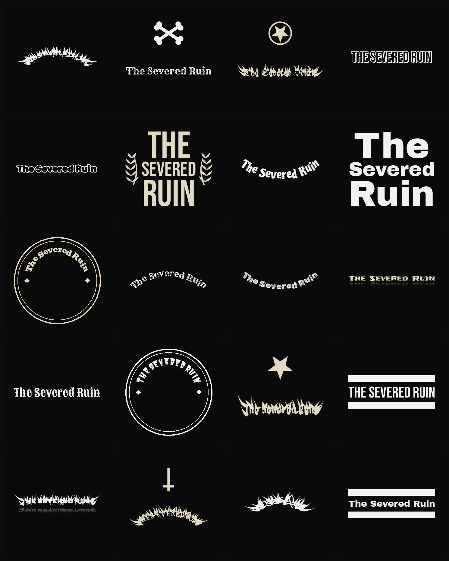 Twenty The Severed Ruin band logo ideas — different faces, treatments and spike settings