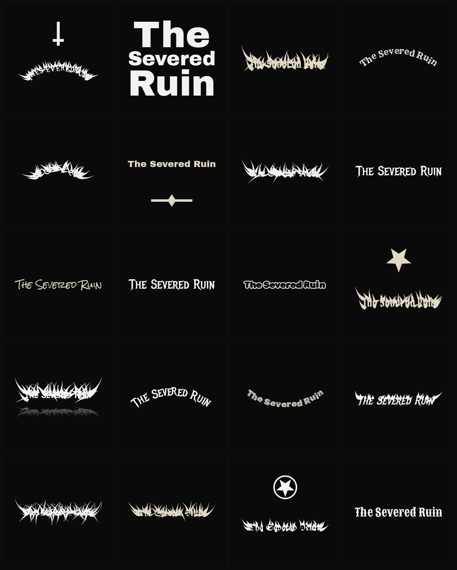 Twenty The Severed Ruin band logo ideas — different faces, treatments and spike settings