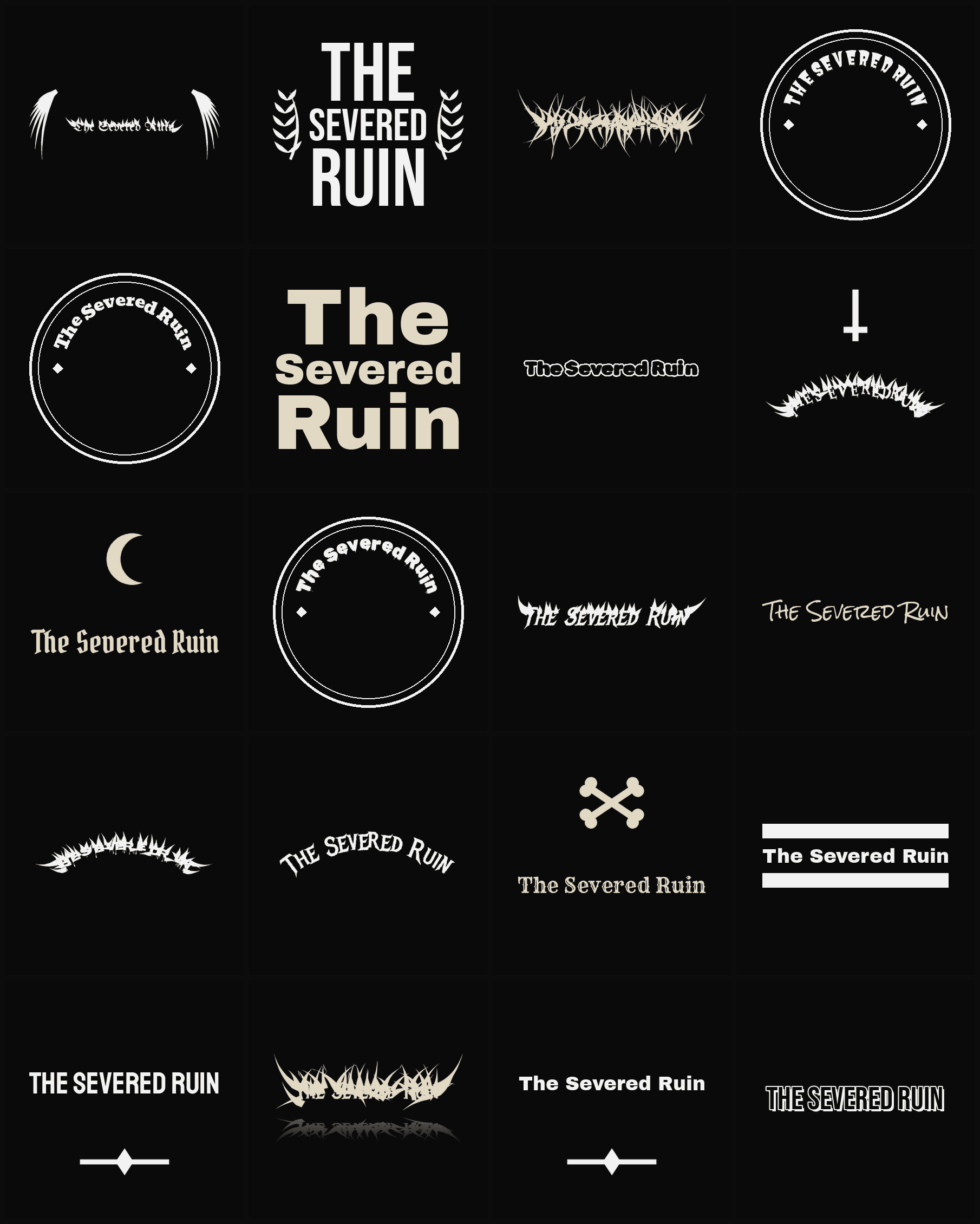 Twenty The Severed Ruin band logo ideas — different faces, treatments and spike settings