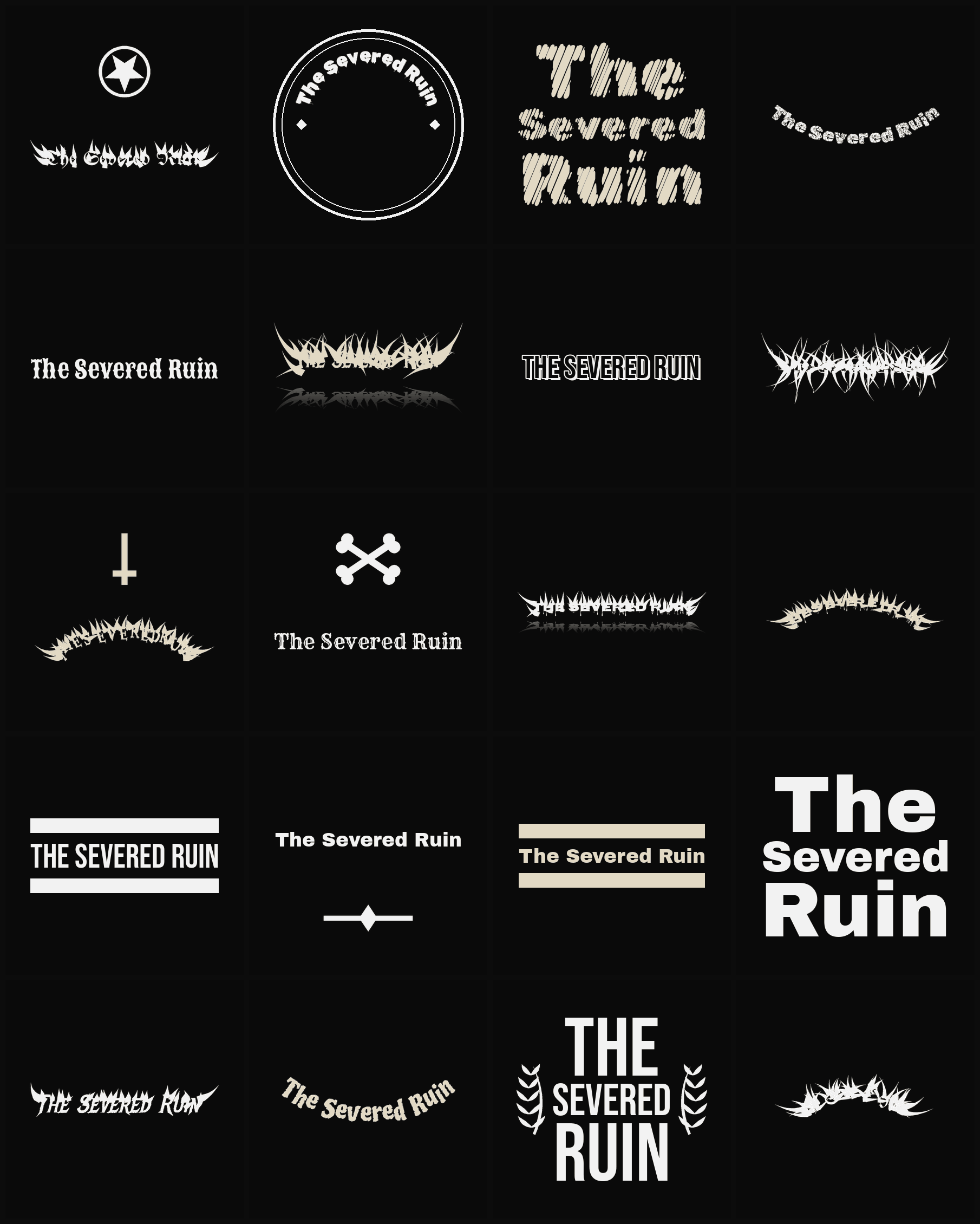 Twenty The Severed Ruin band logo ideas — different faces, treatments and spike settings
