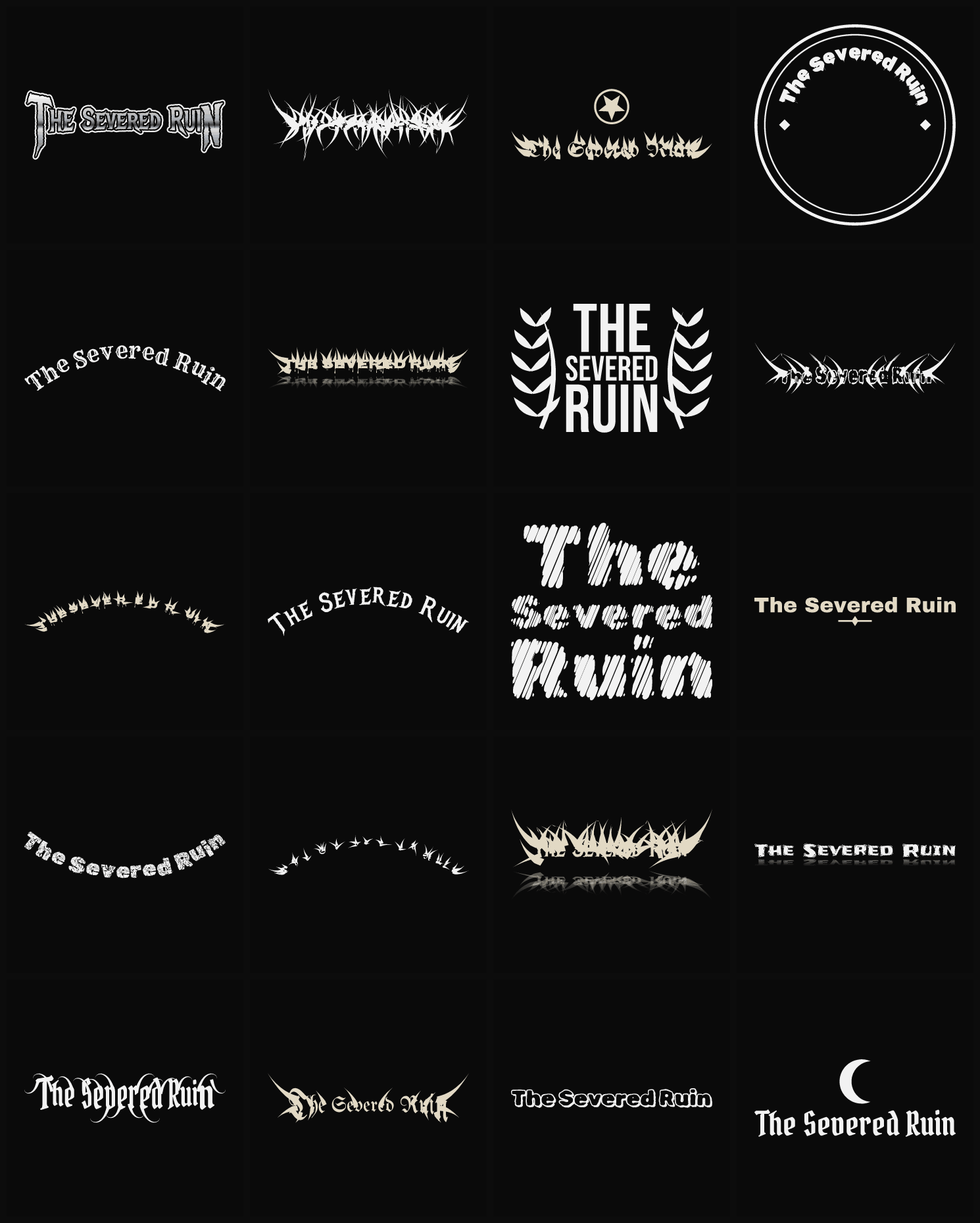 Twenty The Severed Ruin band logo ideas — different faces, treatments and spike settings