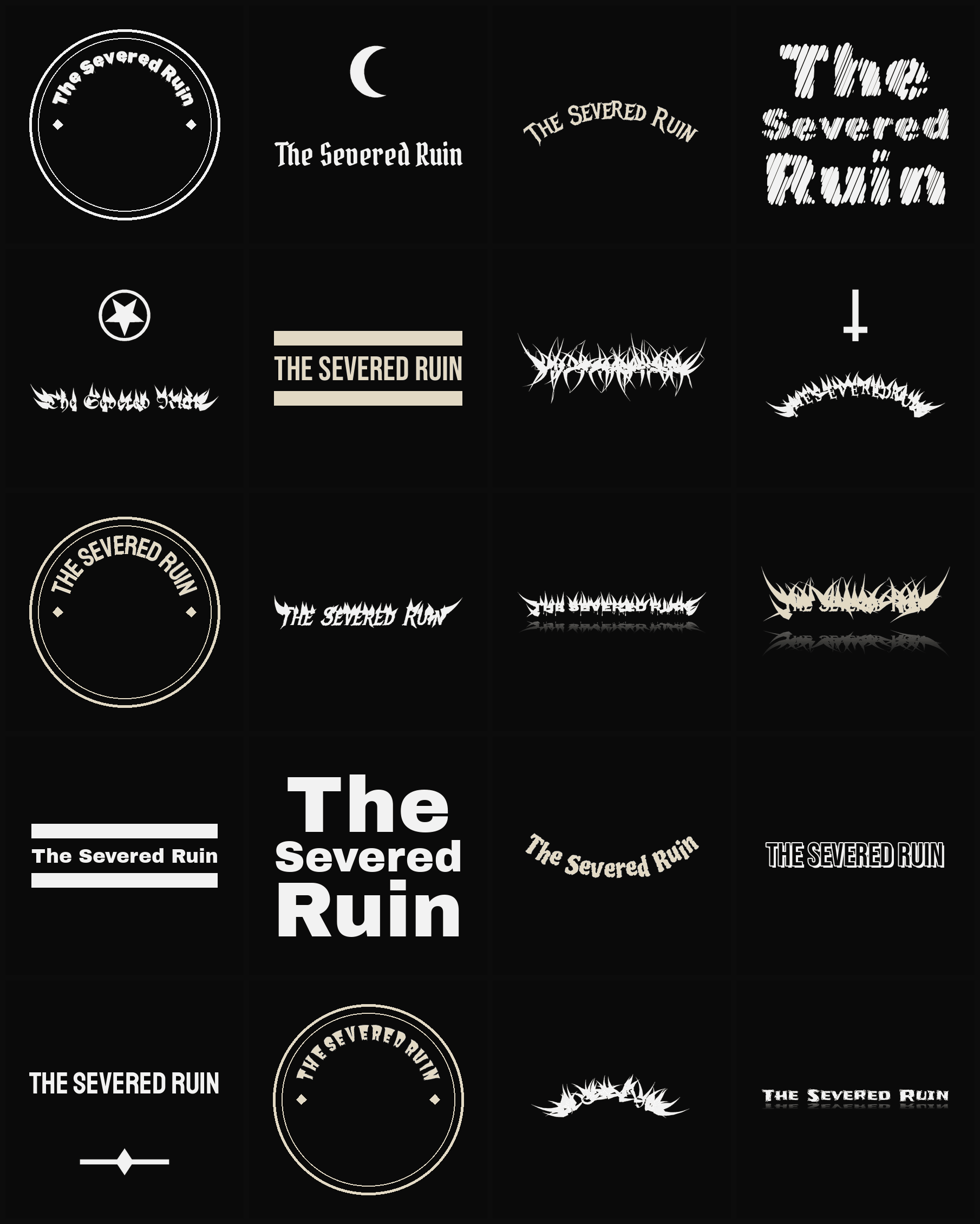Twenty The Severed Ruin band logo ideas — different faces, treatments and spike settings