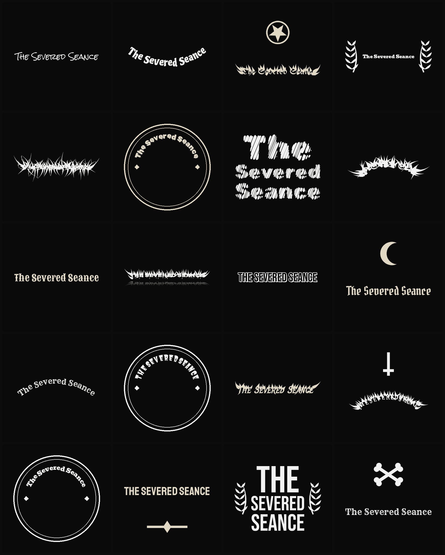 Twenty The Severed Seance band logo ideas — different faces, treatments and spike settings