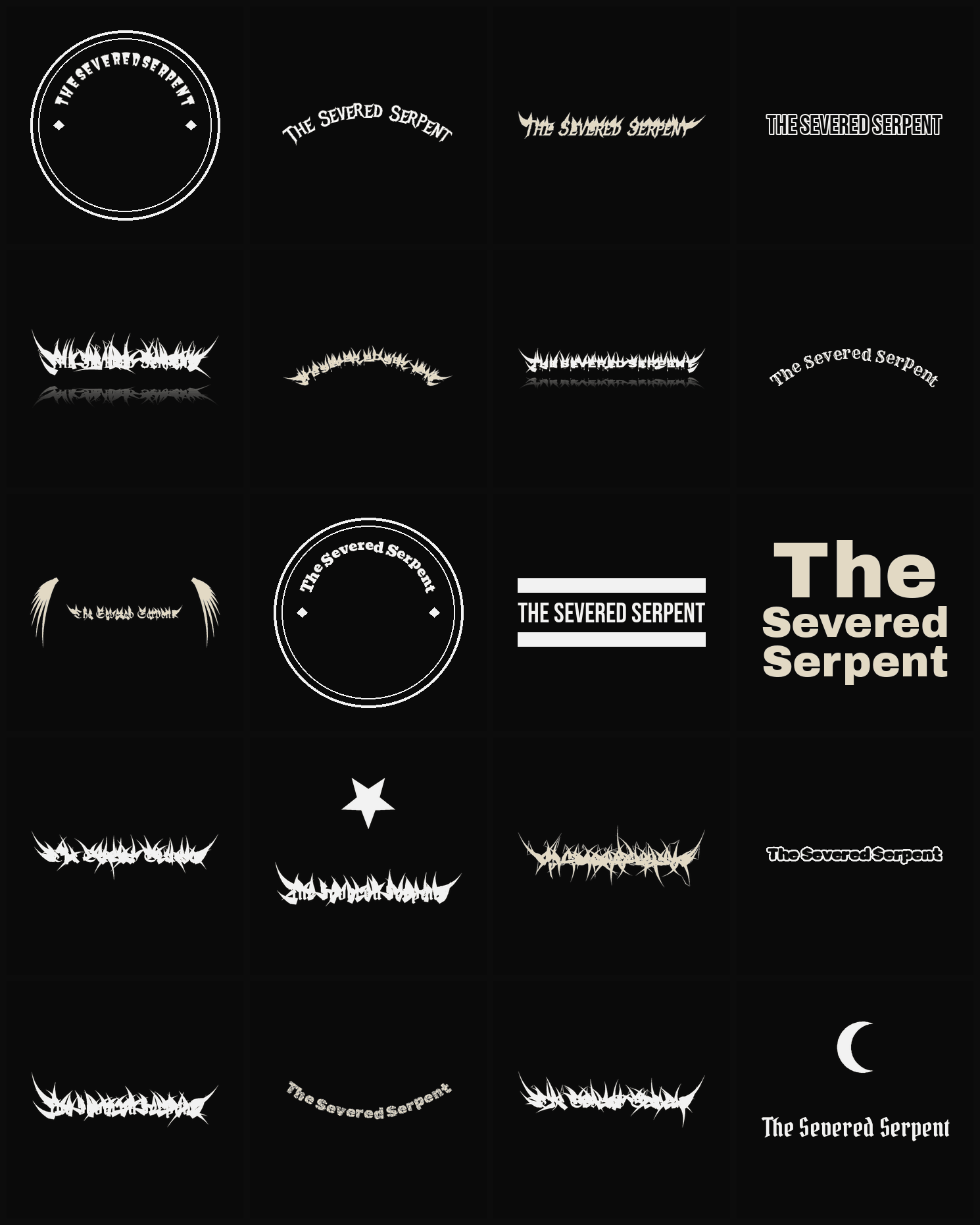 Twenty The Severed Serpent band logo ideas — different faces, treatments and spike settings
