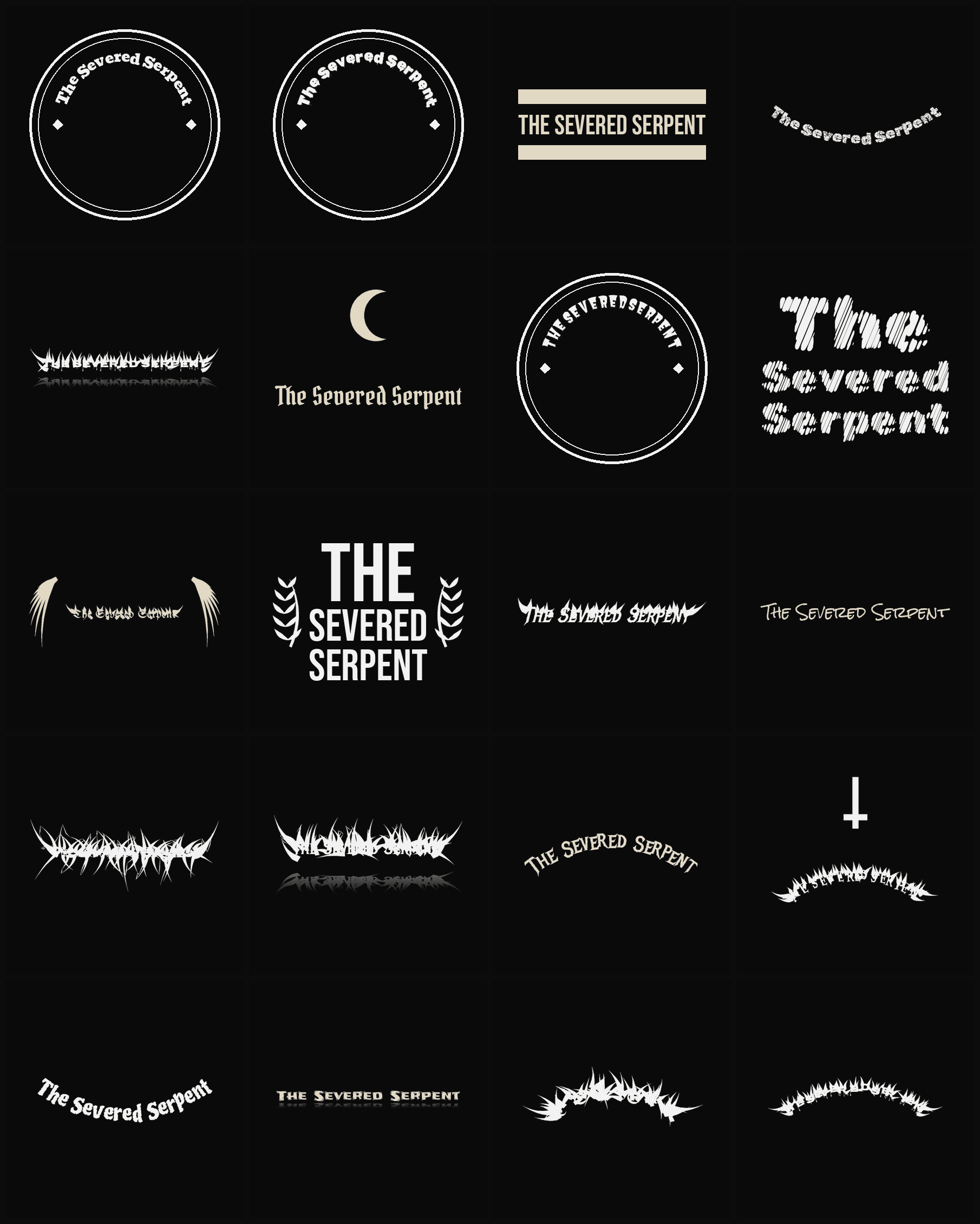 Twenty The Severed Serpent band logo ideas — different faces, treatments and spike settings