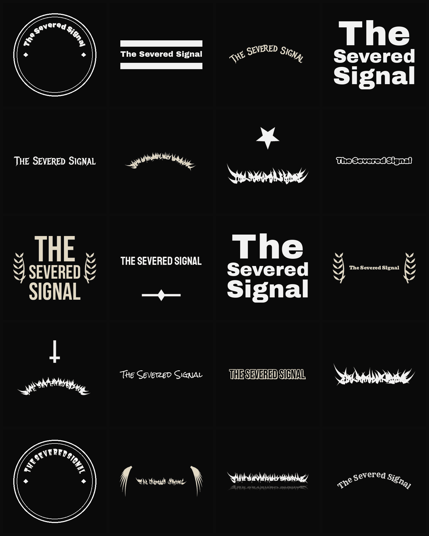 Twenty The Severed Signal band logo ideas — different faces, treatments and spike settings