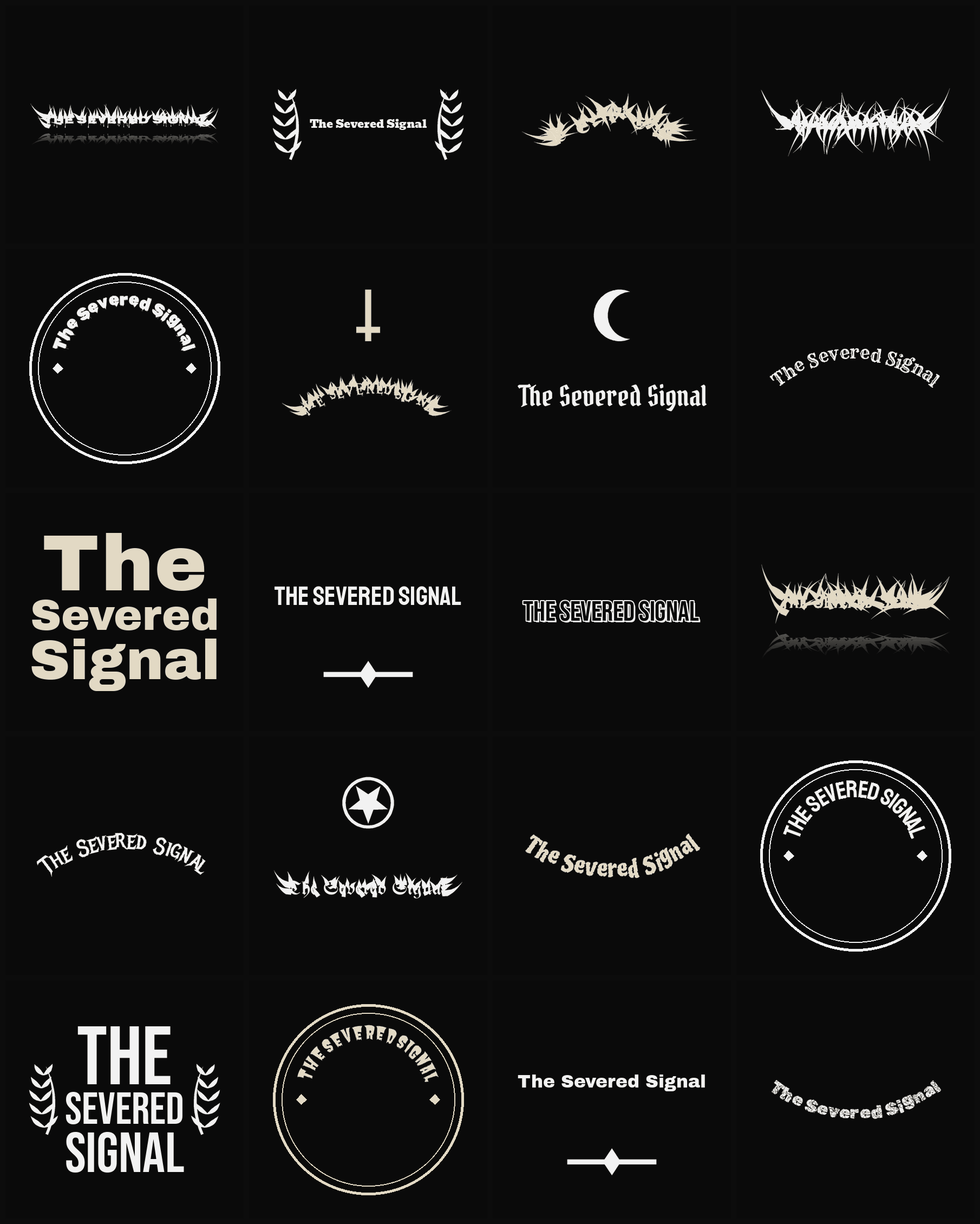Twenty The Severed Signal band logo ideas — different faces, treatments and spike settings