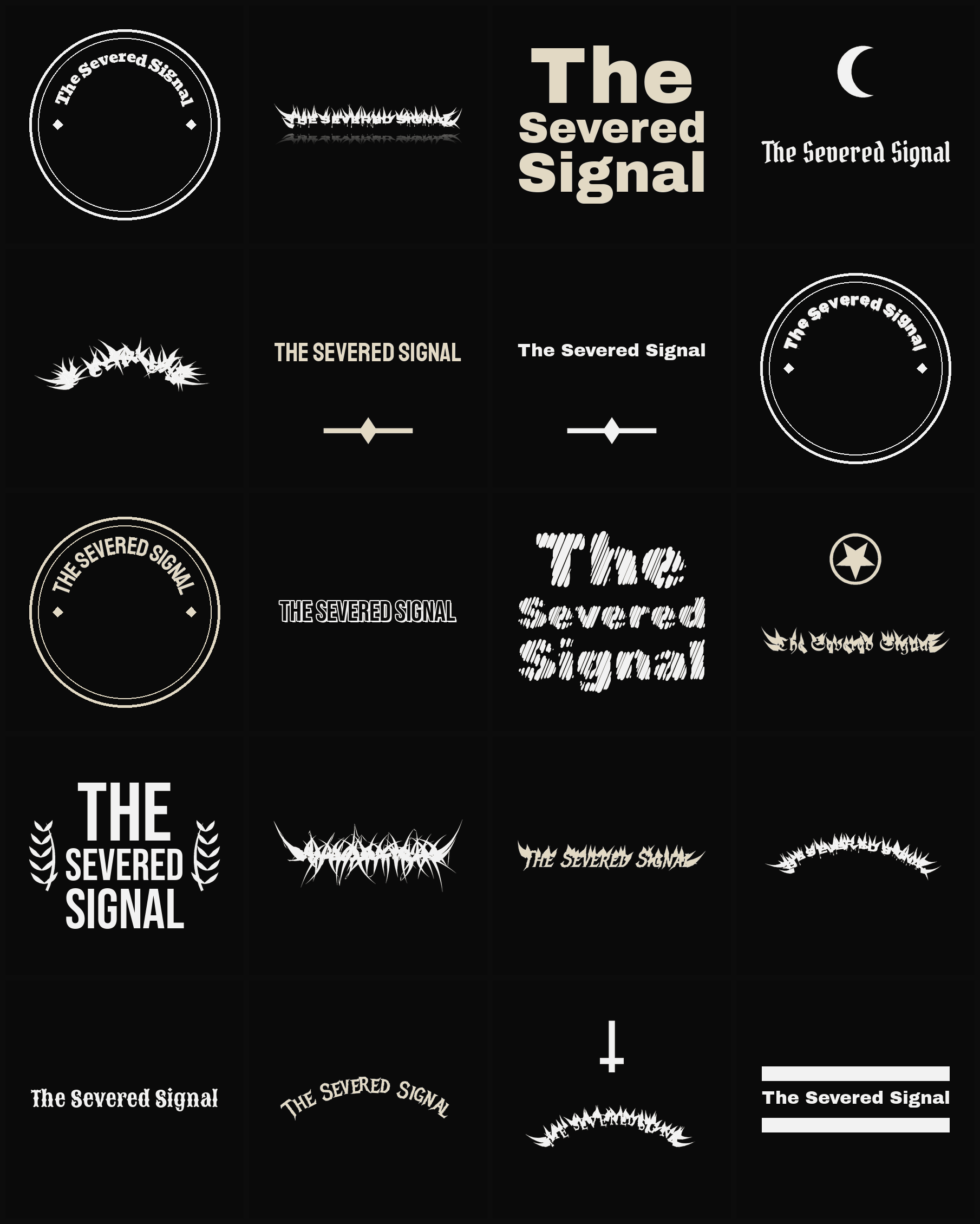 Twenty The Severed Signal band logo ideas — different faces, treatments and spike settings