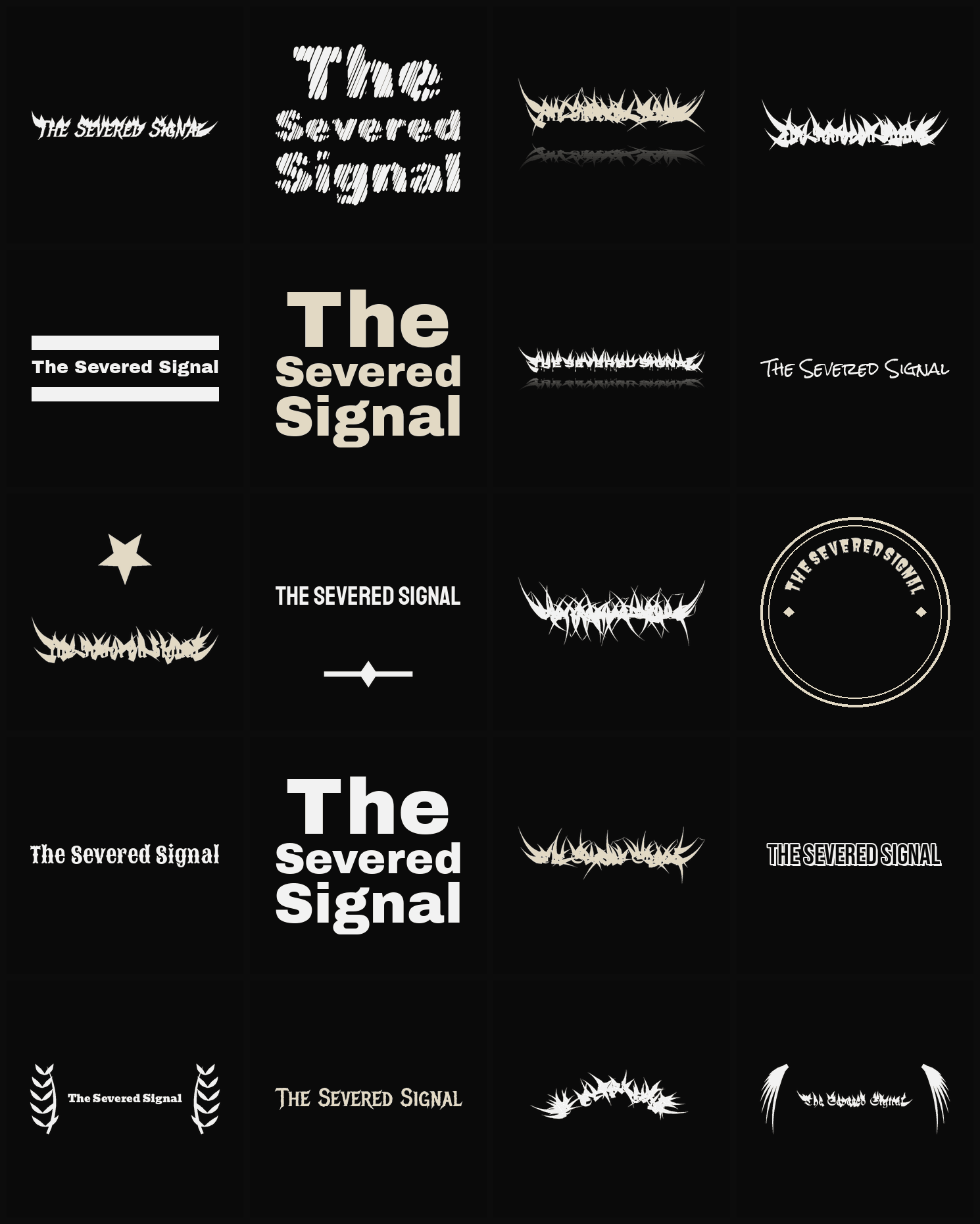 Twenty The Severed Signal band logo ideas — different faces, treatments and spike settings