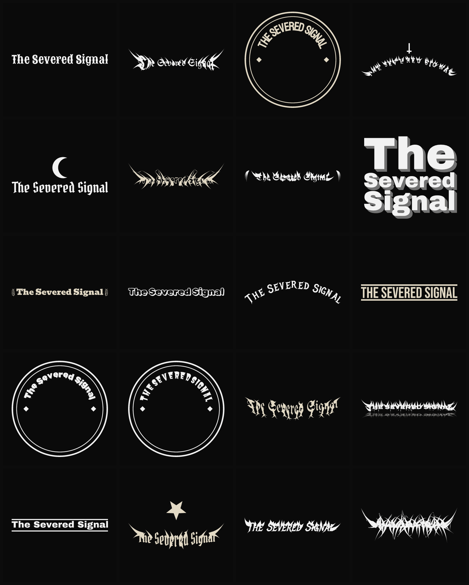 Twenty The Severed Signal band logo ideas — different faces, treatments and spike settings