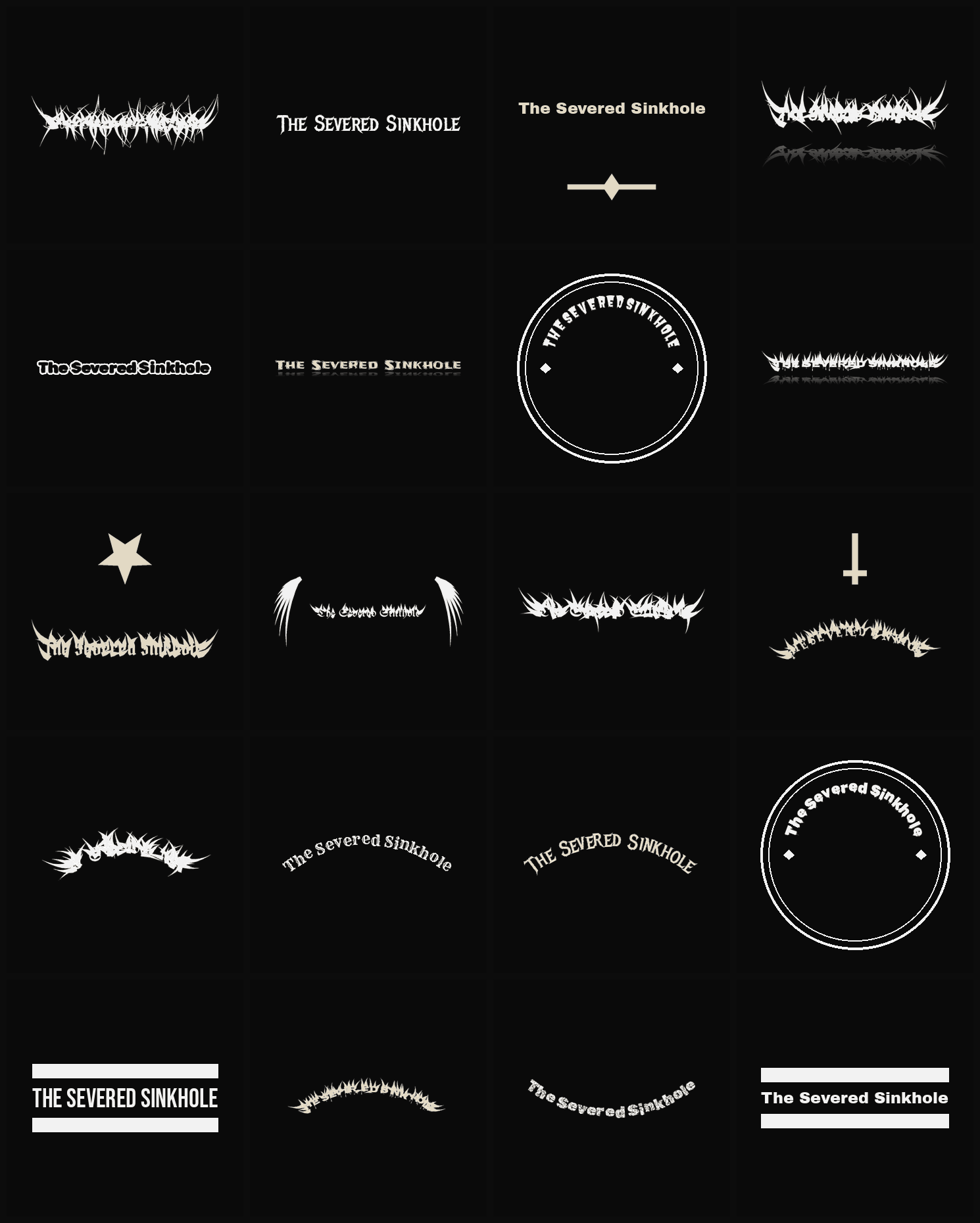 Twenty The Severed Sinkhole band logo ideas — different faces, treatments and spike settings