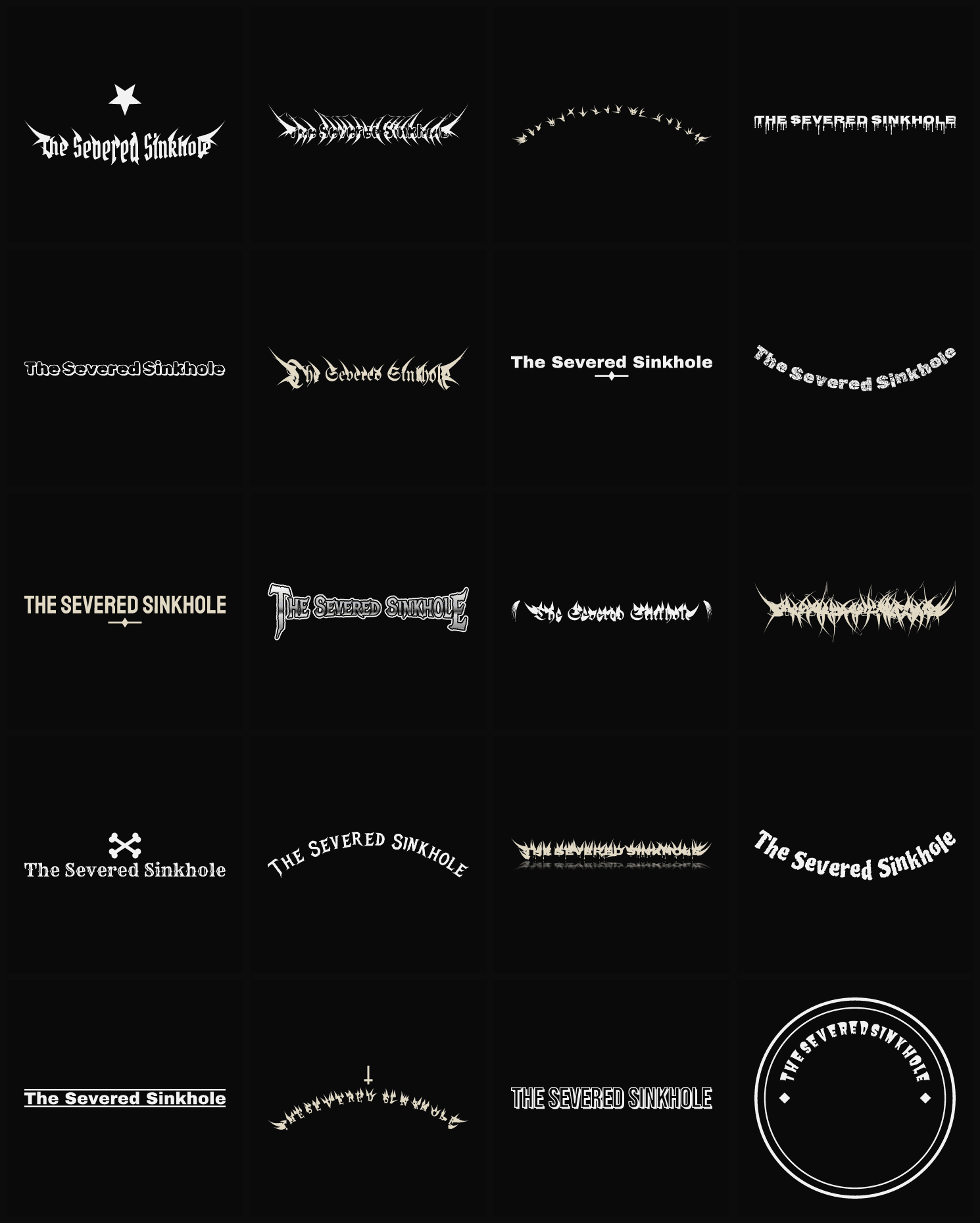 Twenty The Severed Sinkhole band logo ideas — different faces, treatments and spike settings