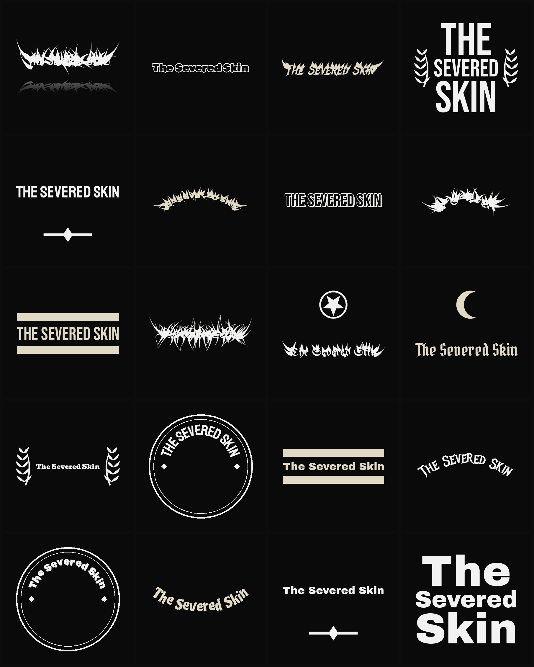 Twenty The Severed Skin band logo ideas — different faces, treatments and spike settings