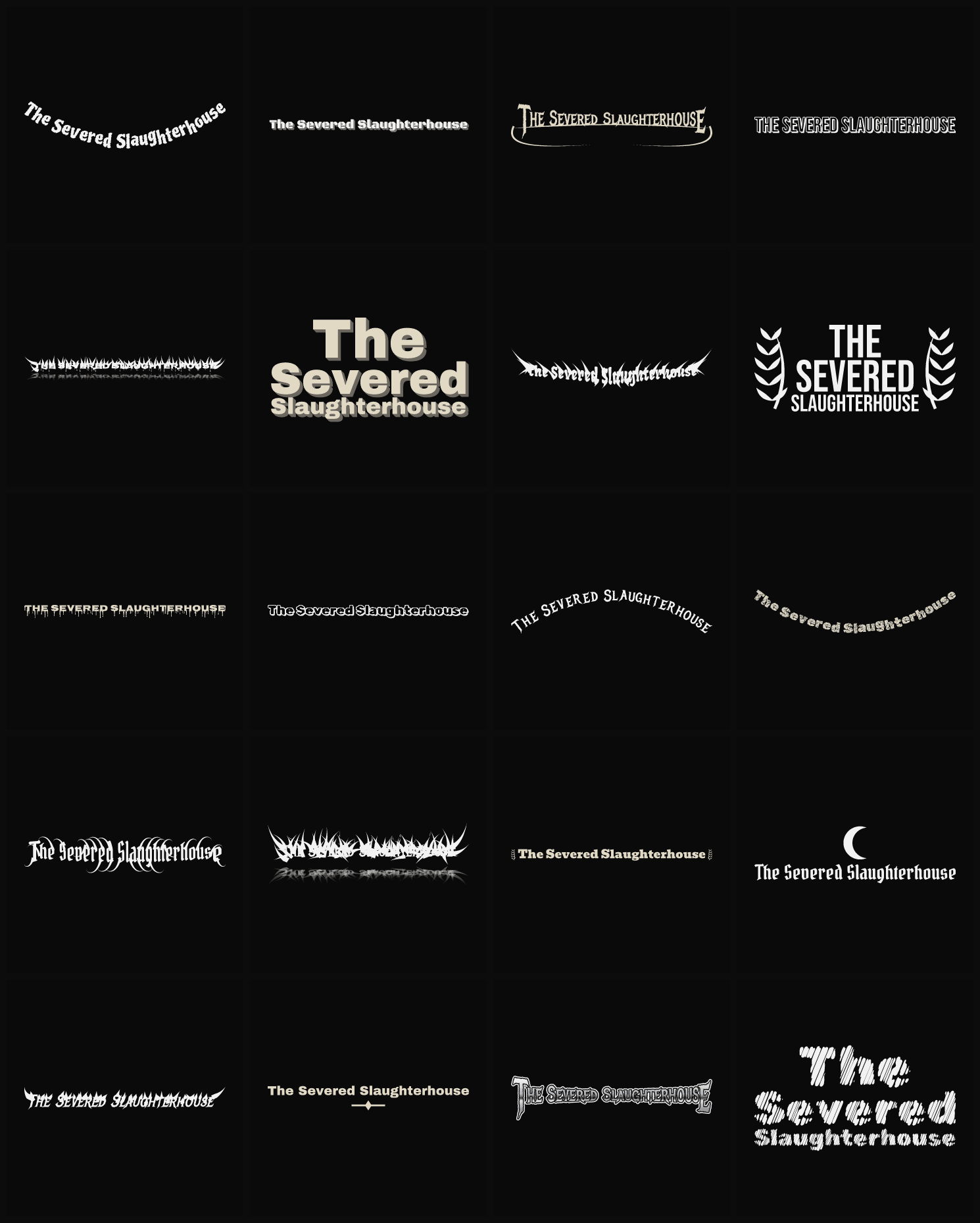 Twenty The Severed Slaughterhouse band logo ideas — different faces, treatments and spike settings