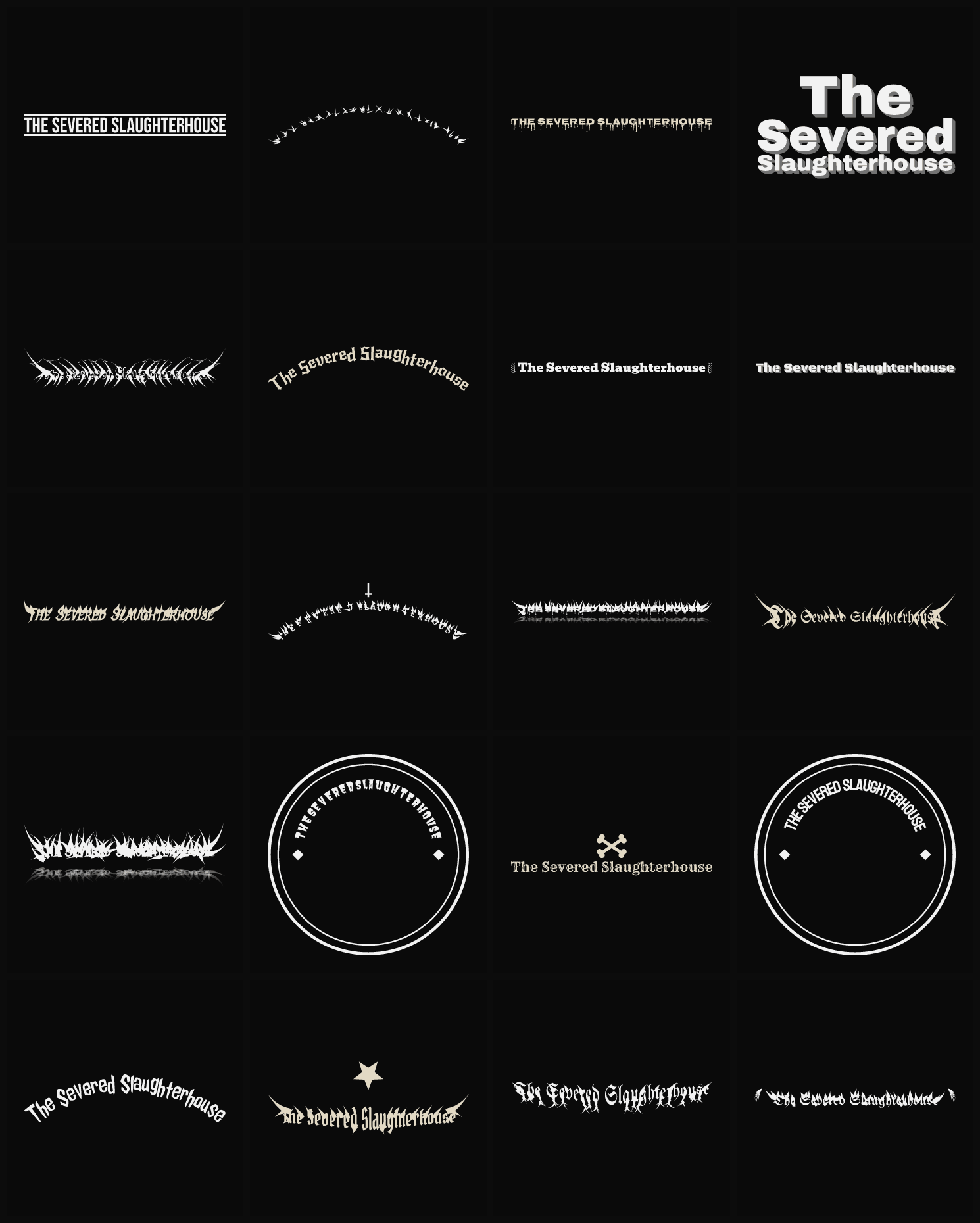 Twenty The Severed Slaughterhouse band logo ideas — different faces, treatments and spike settings