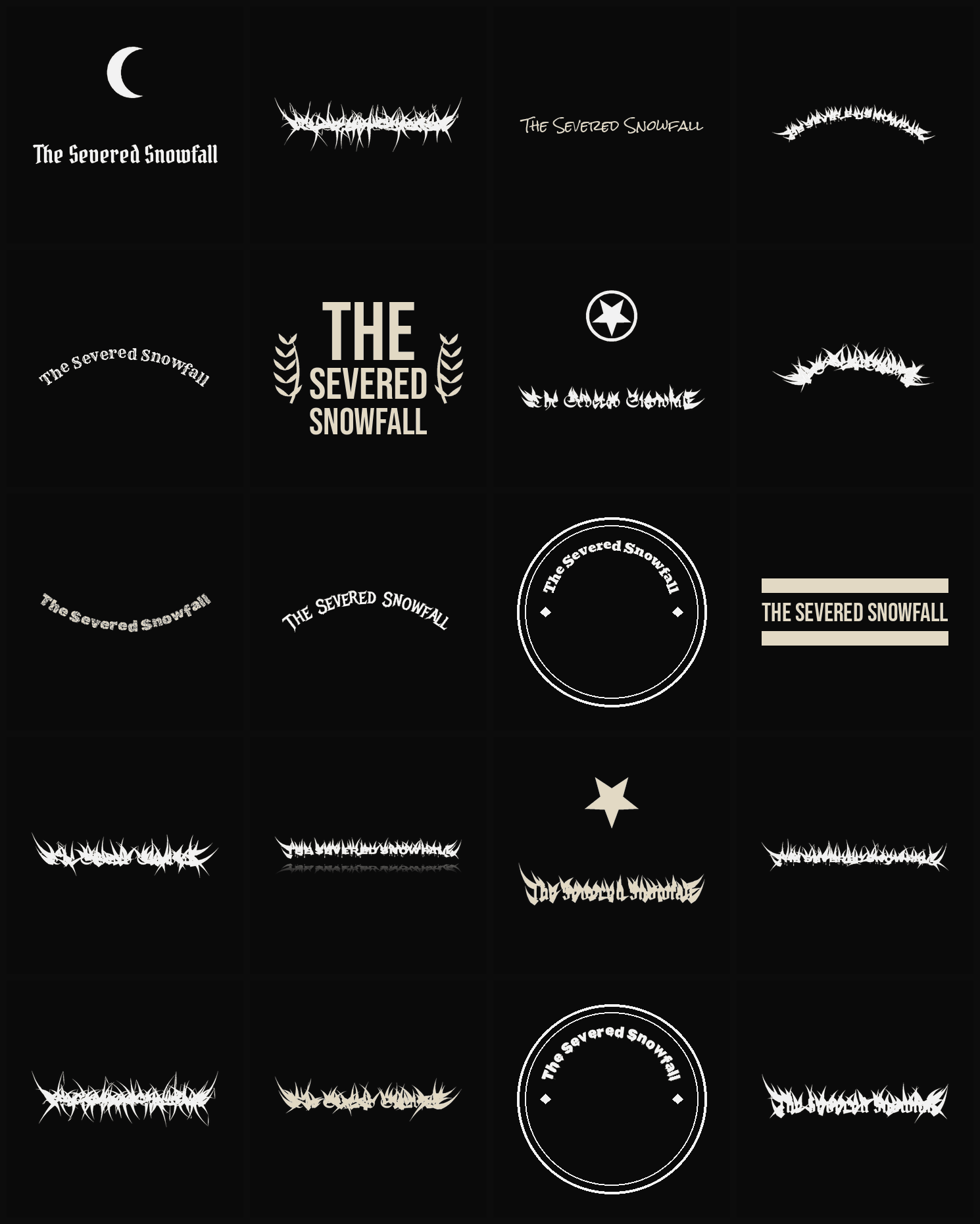Twenty The Severed Snowfall band logo ideas — different faces, treatments and spike settings