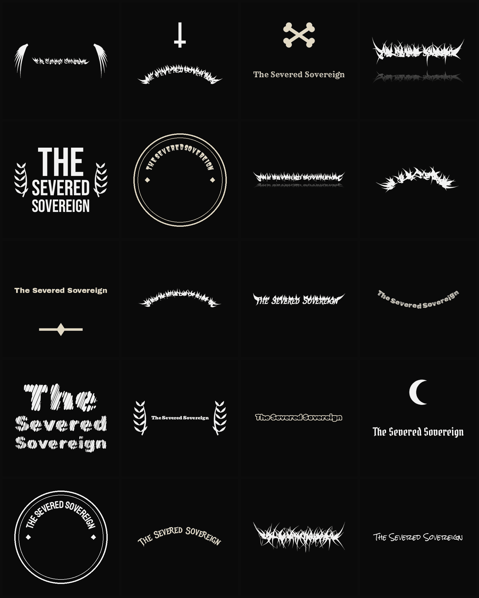 Twenty The Severed Sovereign band logo ideas — different faces, treatments and spike settings
