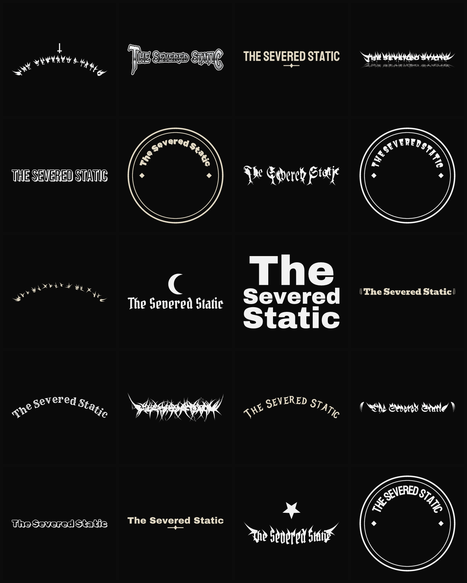 Twenty The Severed Static band logo ideas — different faces, treatments and spike settings