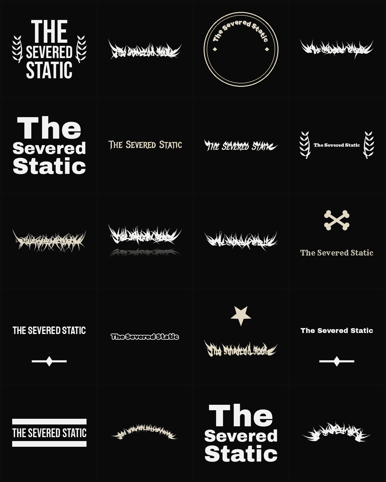 Twenty The Severed Static band logo ideas — different faces, treatments and spike settings