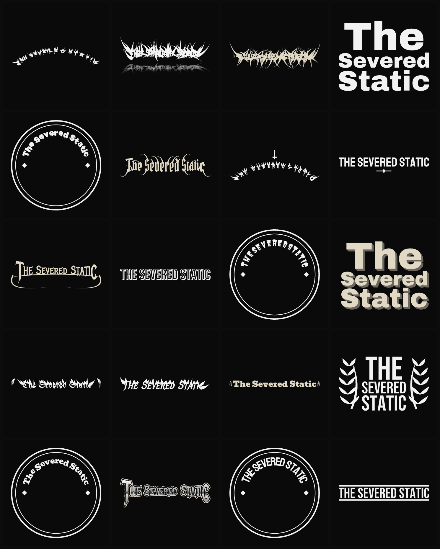 Twenty The Severed Static band logo ideas — different faces, treatments and spike settings