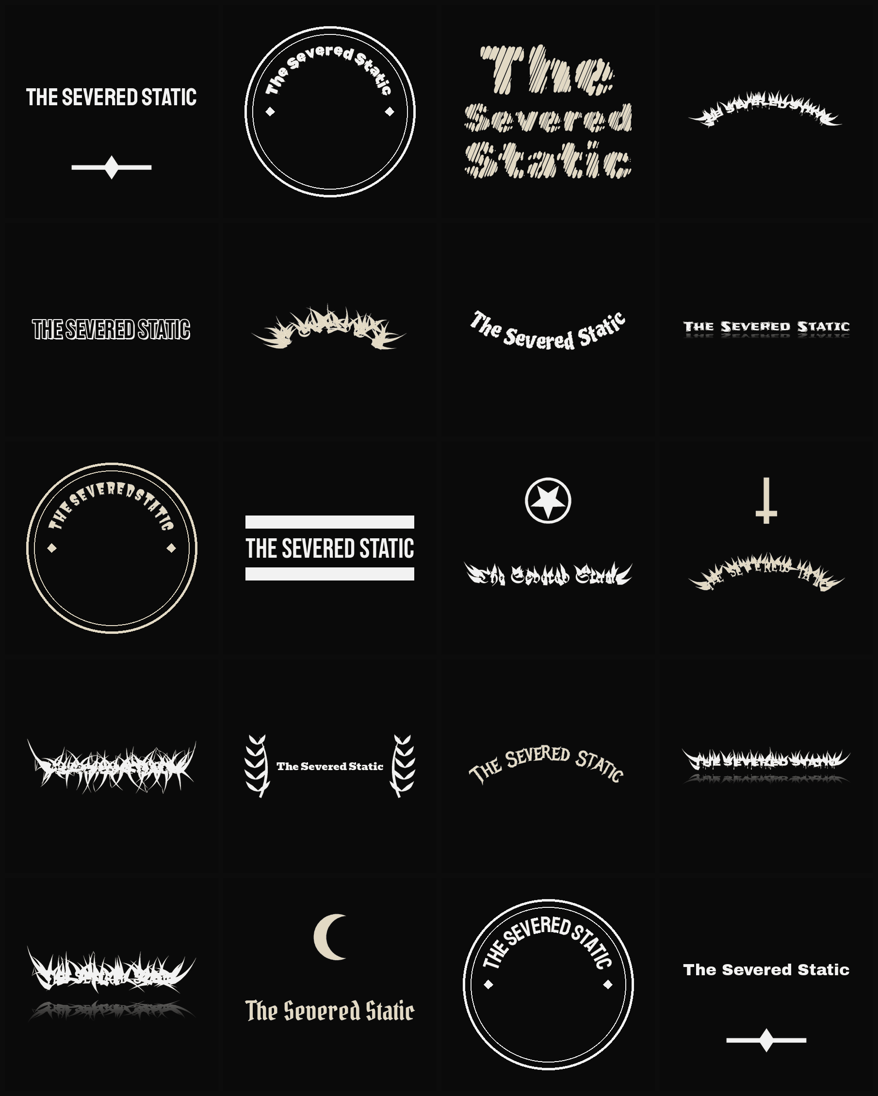 Twenty The Severed Static band logo ideas — different faces, treatments and spike settings