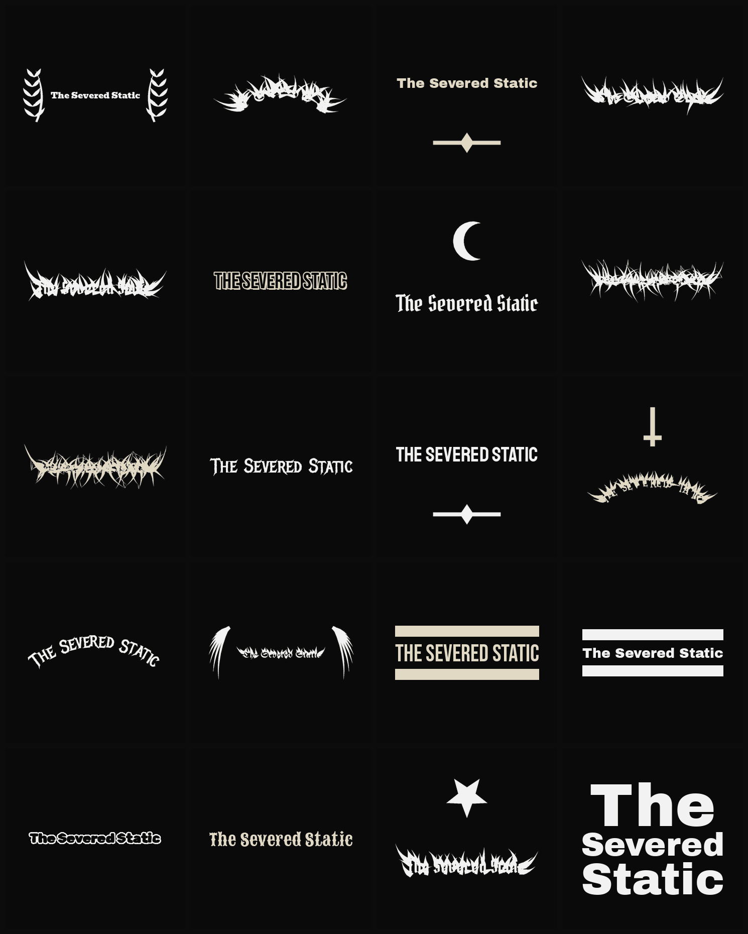 Twenty The Severed Static band logo ideas — different faces, treatments and spike settings