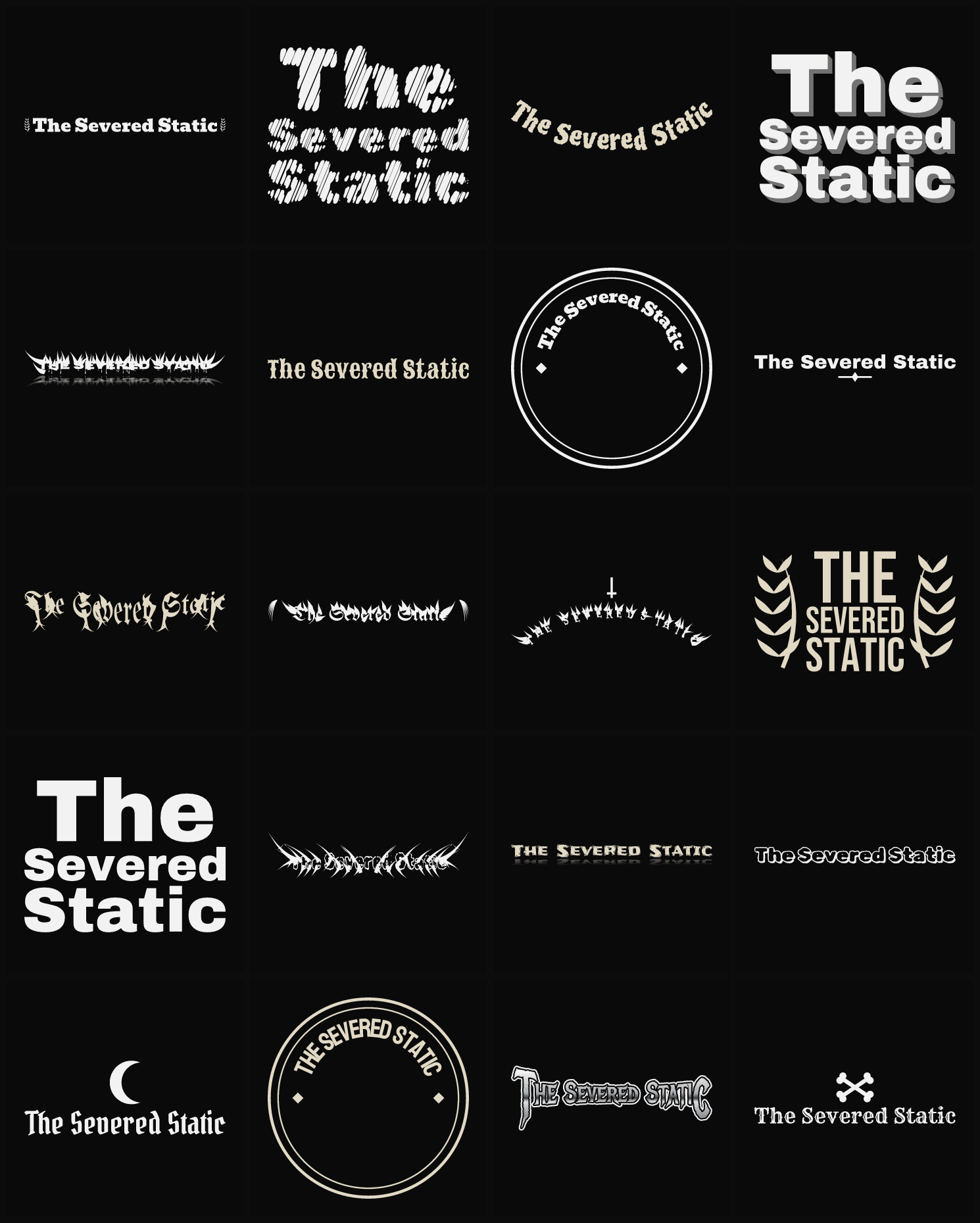 Twenty The Severed Static band logo ideas — different faces, treatments and spike settings