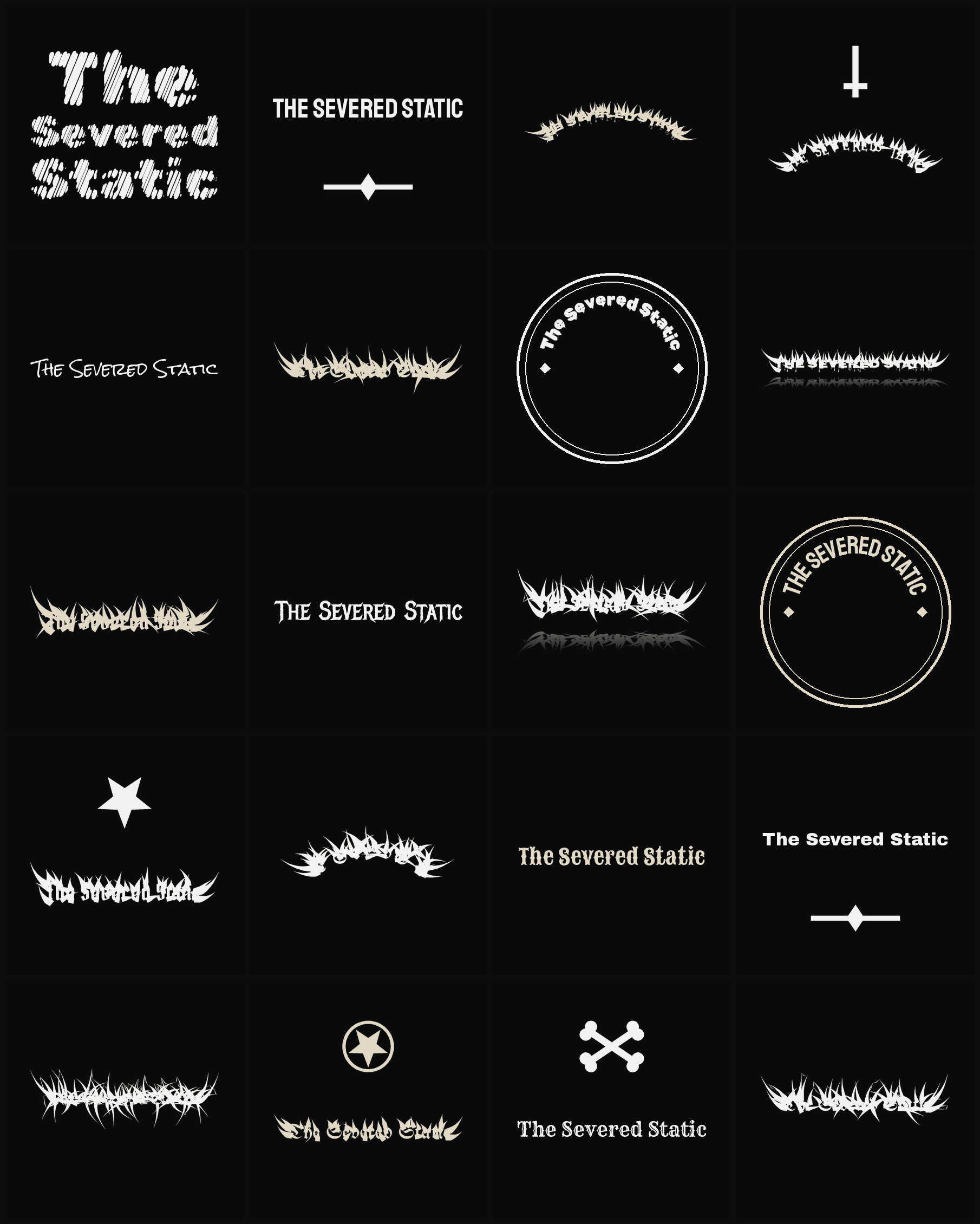 Twenty The Severed Static band logo ideas — different faces, treatments and spike settings