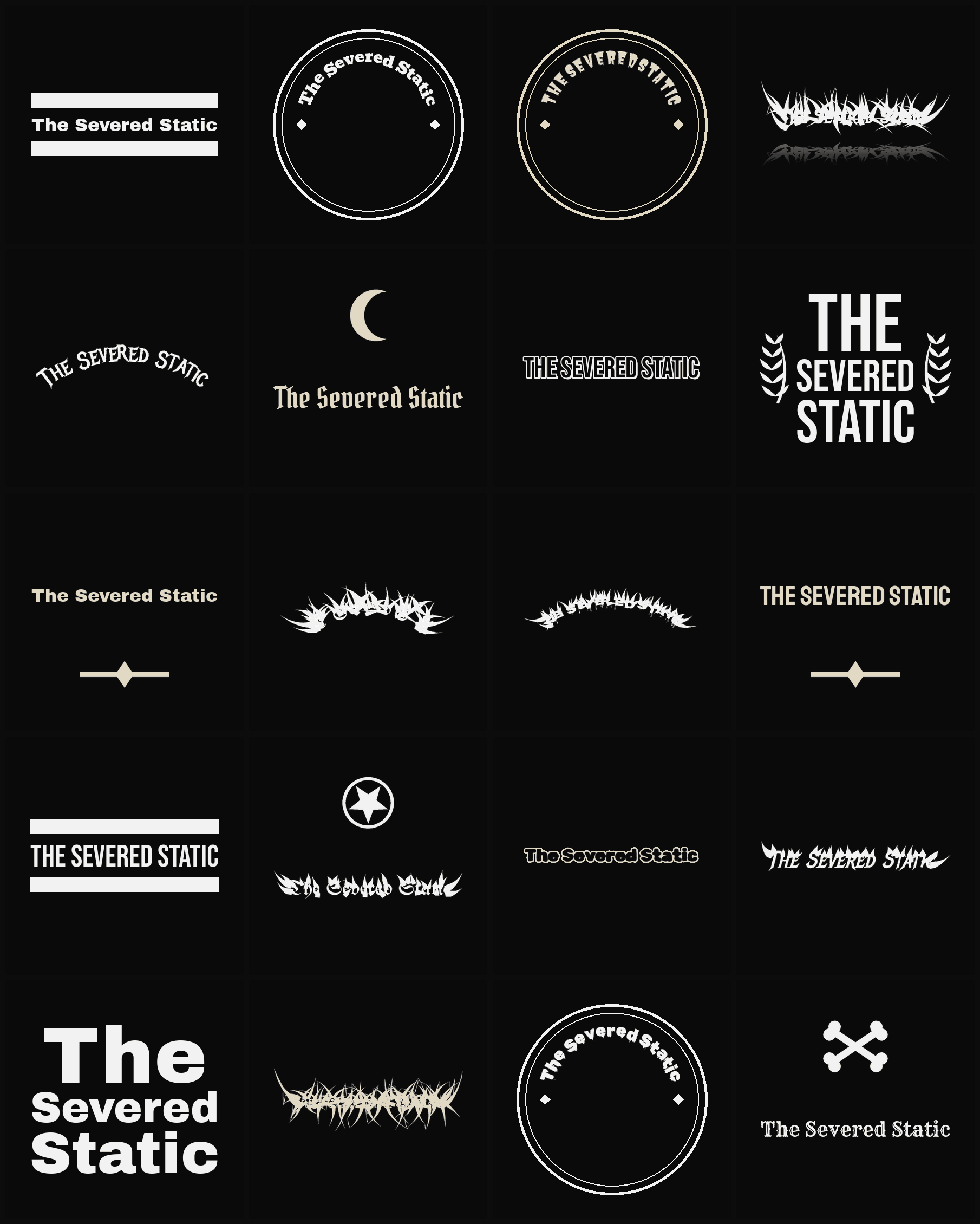 Twenty The Severed Static band logo ideas — different faces, treatments and spike settings