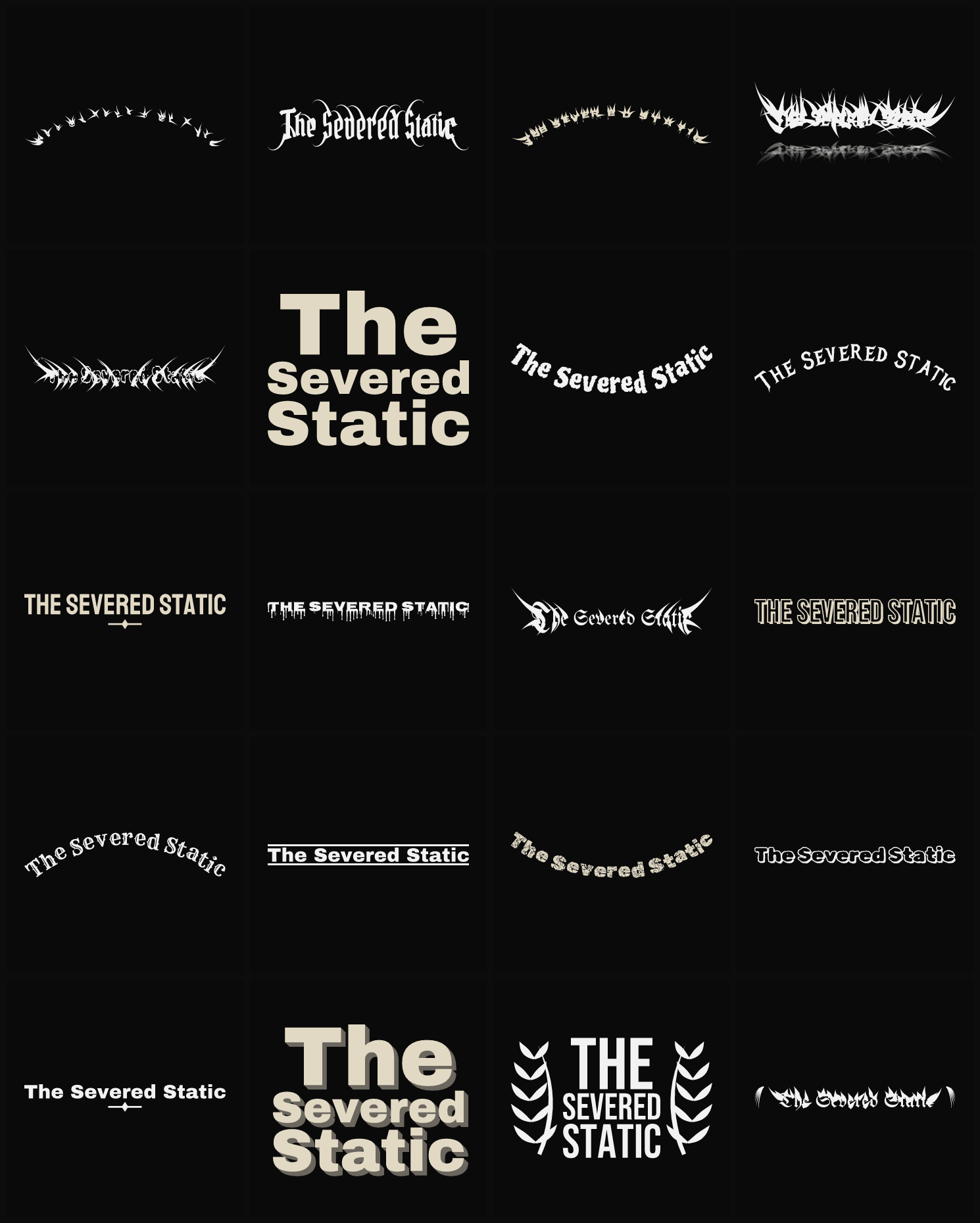 Twenty The Severed Static band logo ideas — different faces, treatments and spike settings