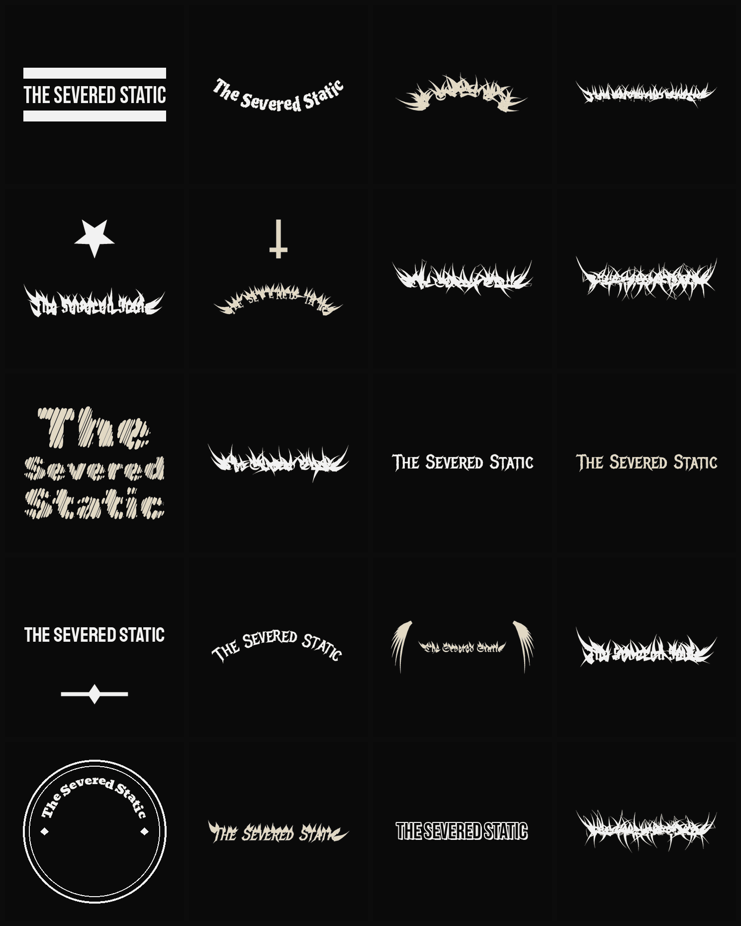 Twenty The Severed Static band logo ideas — different faces, treatments and spike settings
