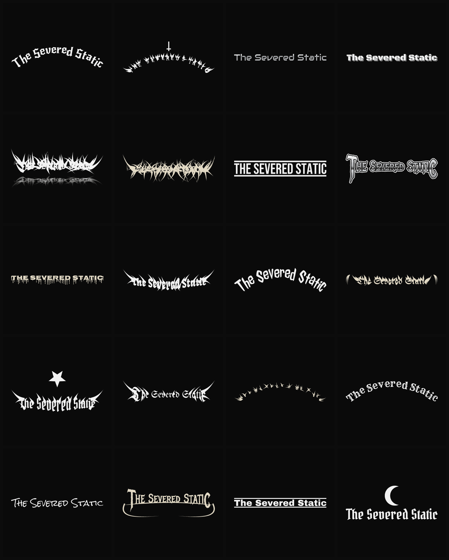 Twenty The Severed Static band logo ideas — different faces, treatments and spike settings