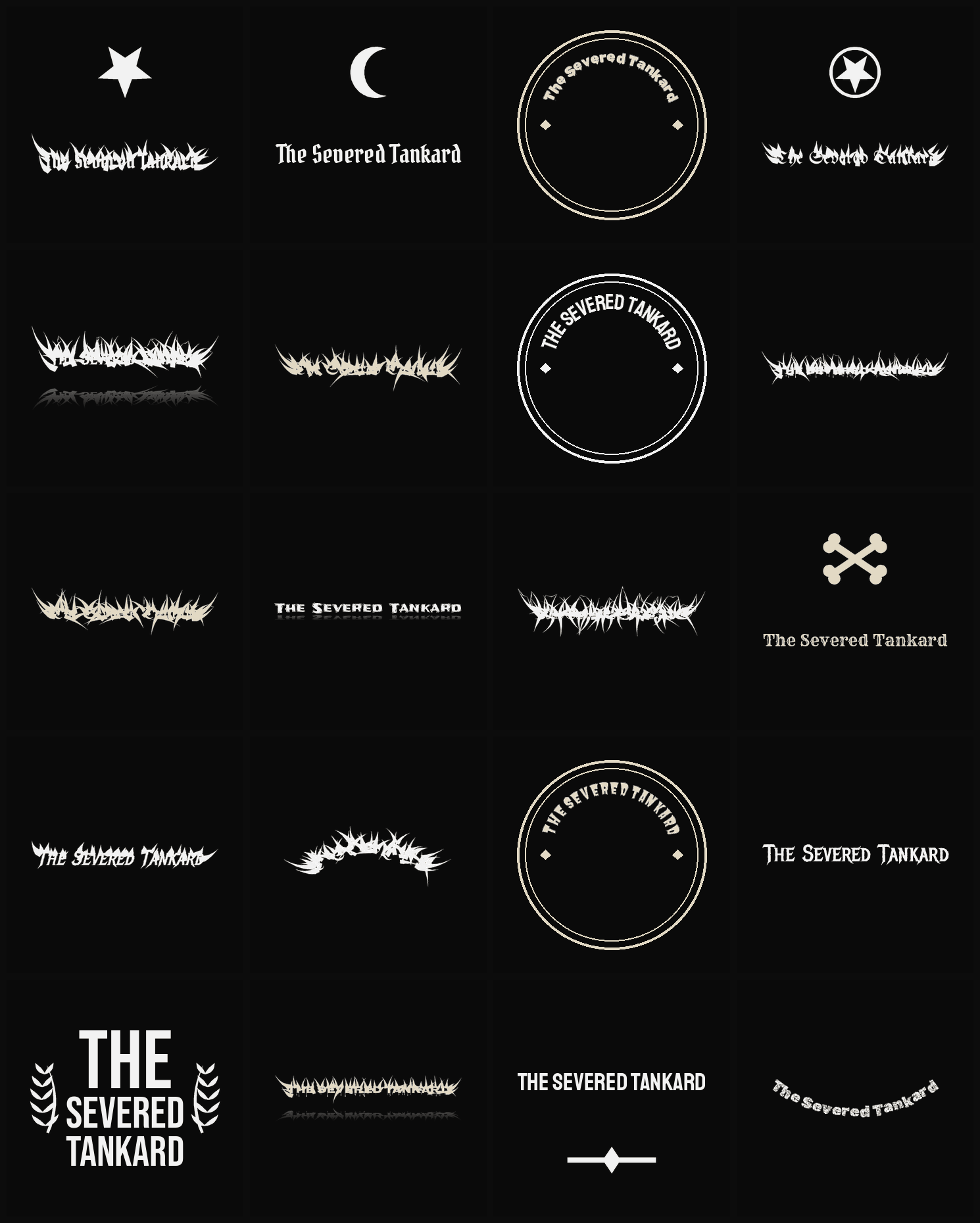 Twenty The Severed Tankard band logo ideas — different faces, treatments and spike settings