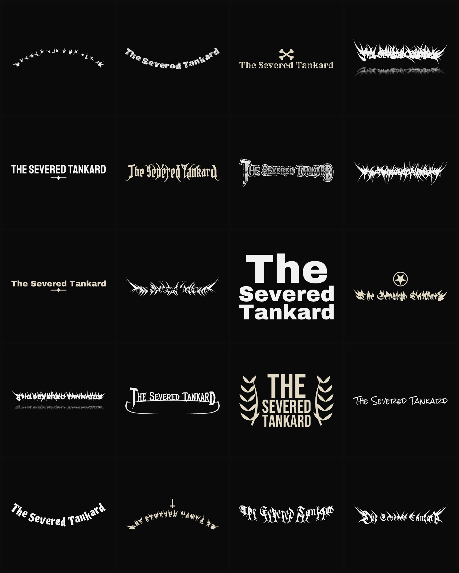 Twenty The Severed Tankard band logo ideas — different faces, treatments and spike settings