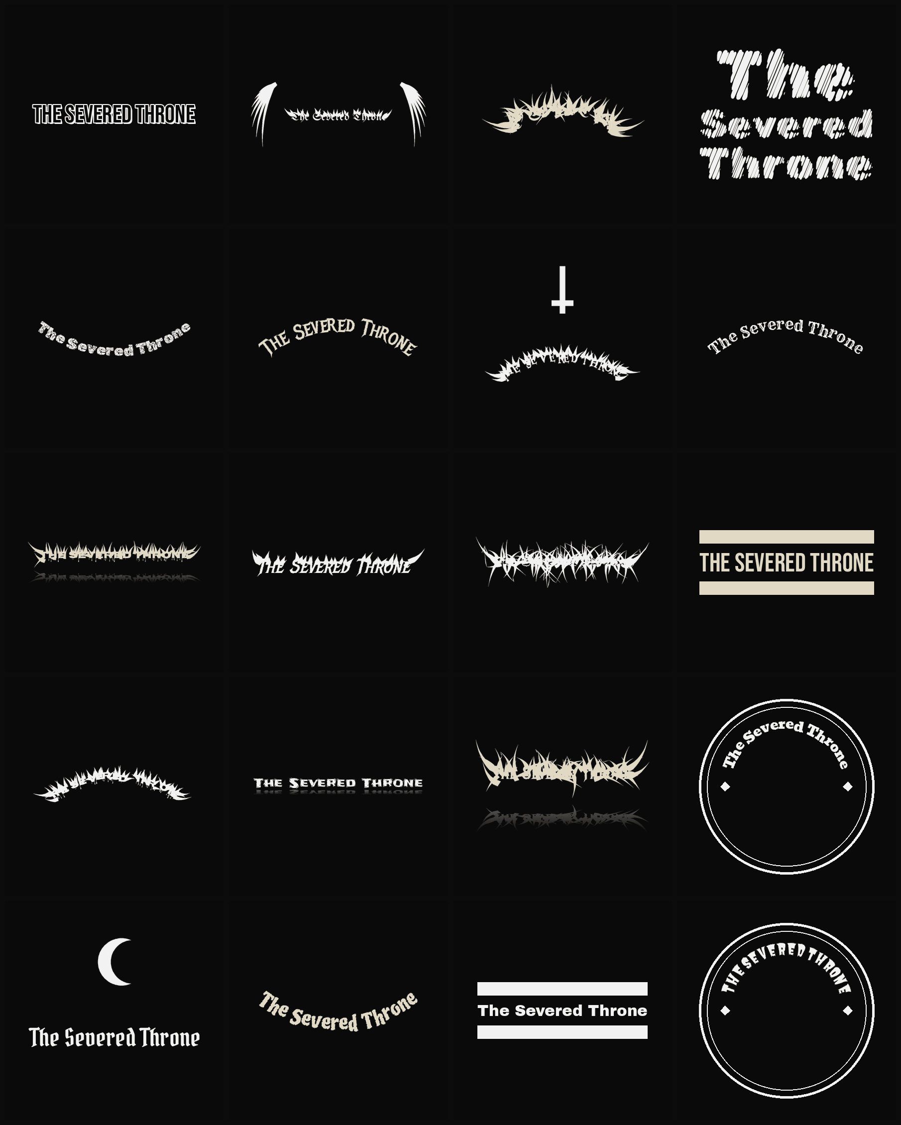 Twenty The Severed Throne band logo ideas — different faces, treatments and spike settings