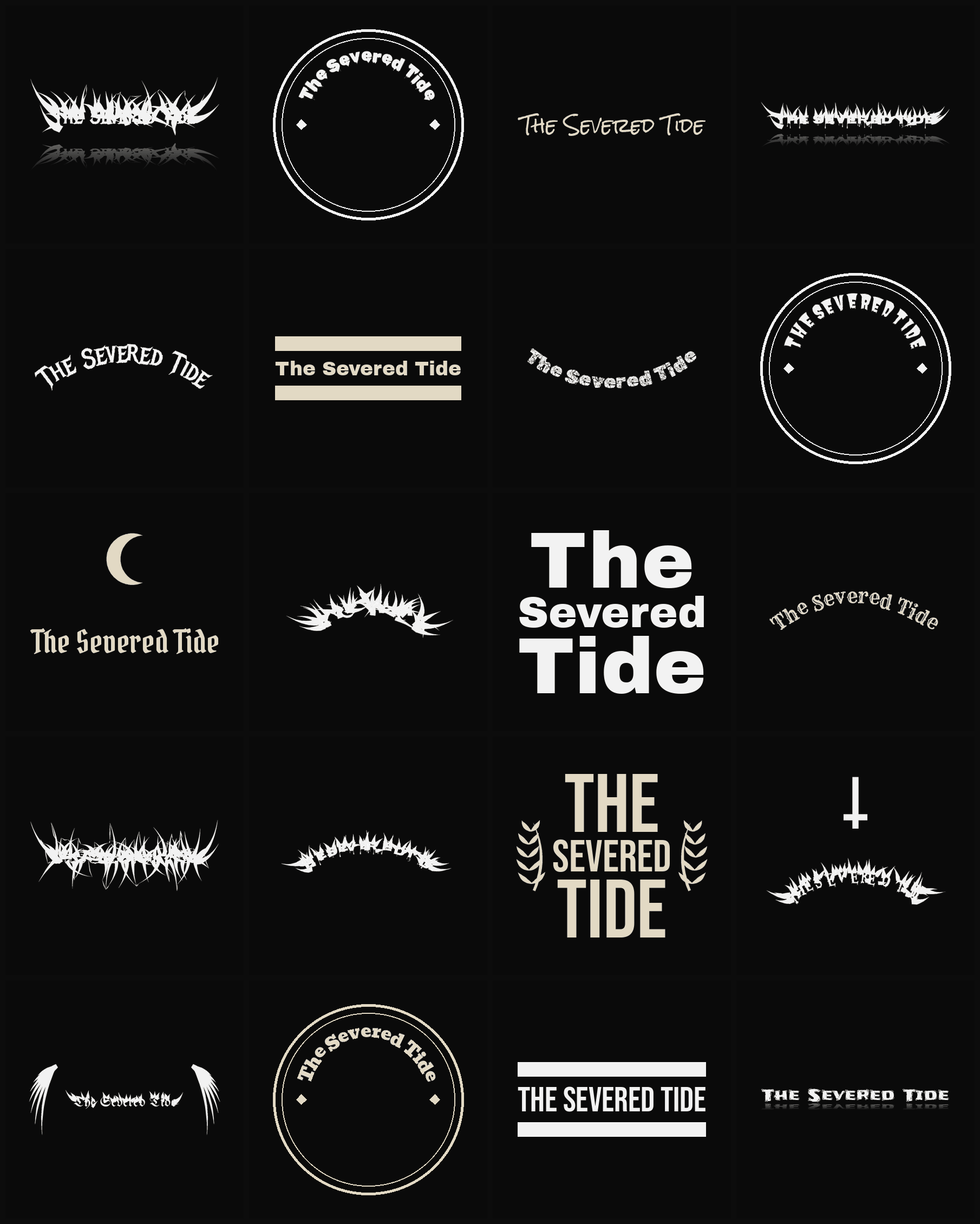 Twenty The Severed Tide band logo ideas — different faces, treatments and spike settings