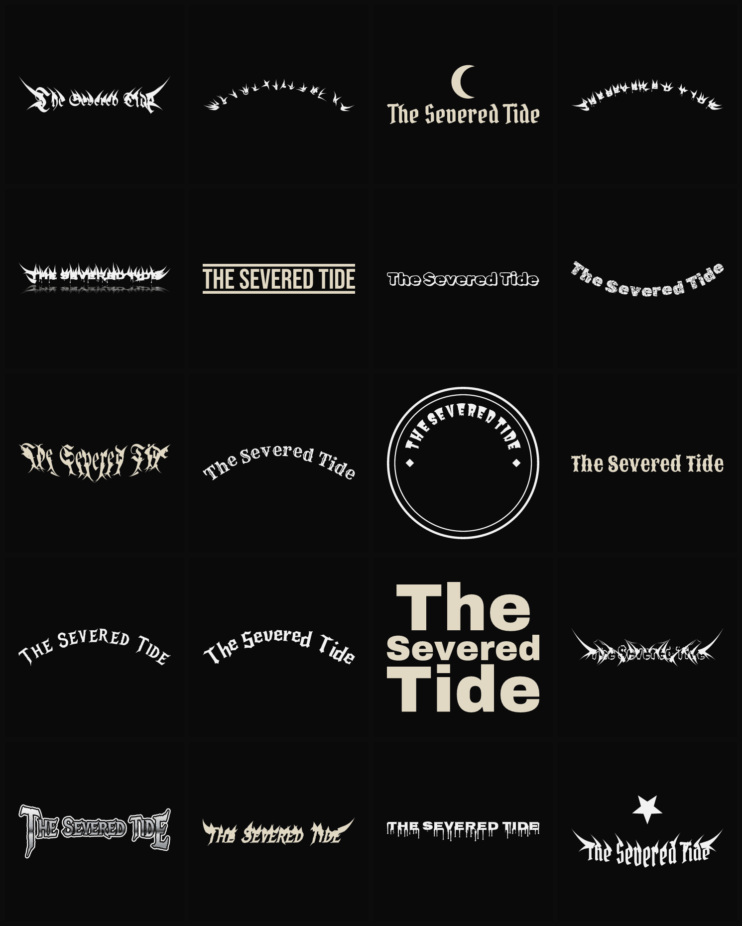 Twenty The Severed Tide band logo ideas — different faces, treatments and spike settings