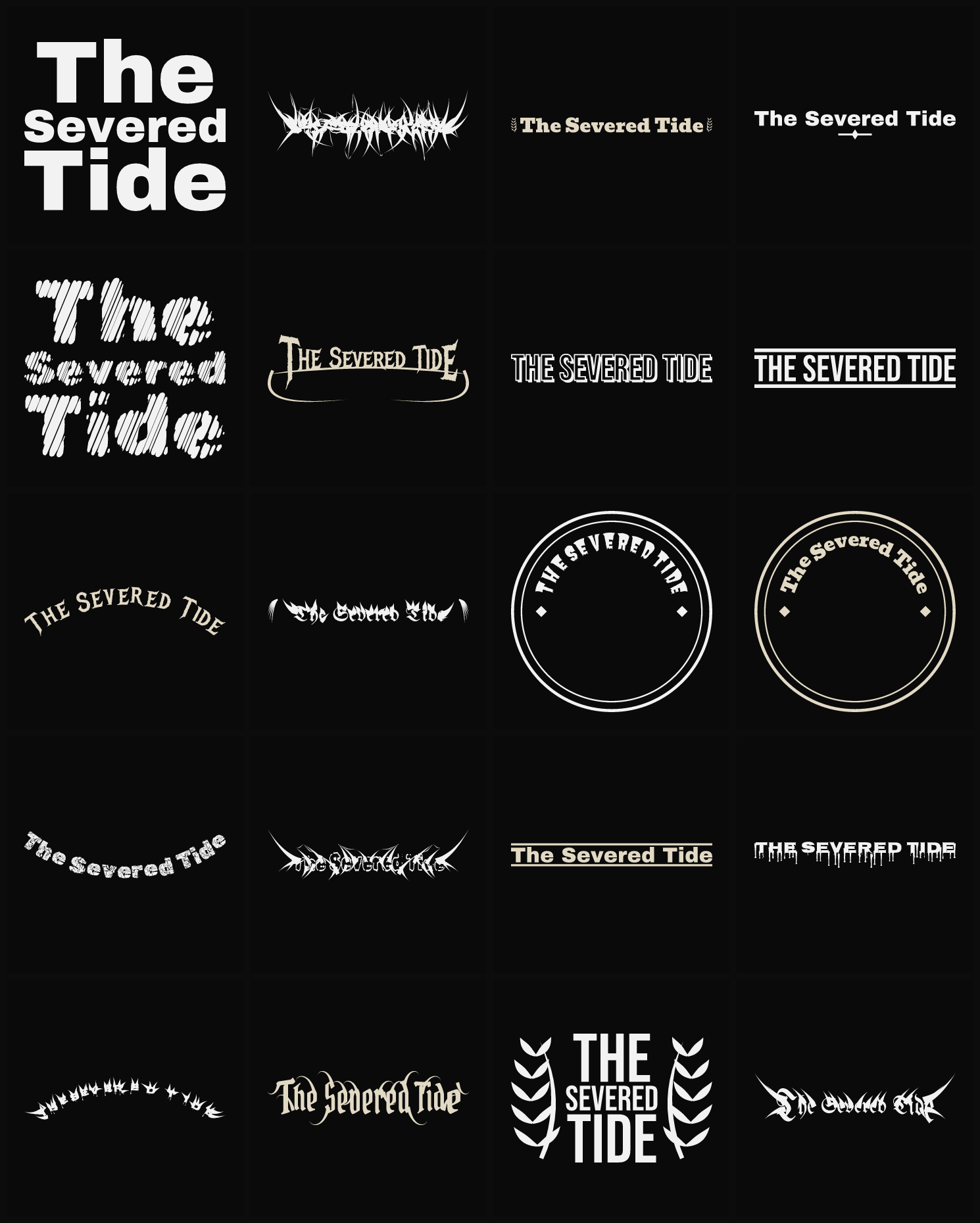 Twenty The Severed Tide band logo ideas — different faces, treatments and spike settings